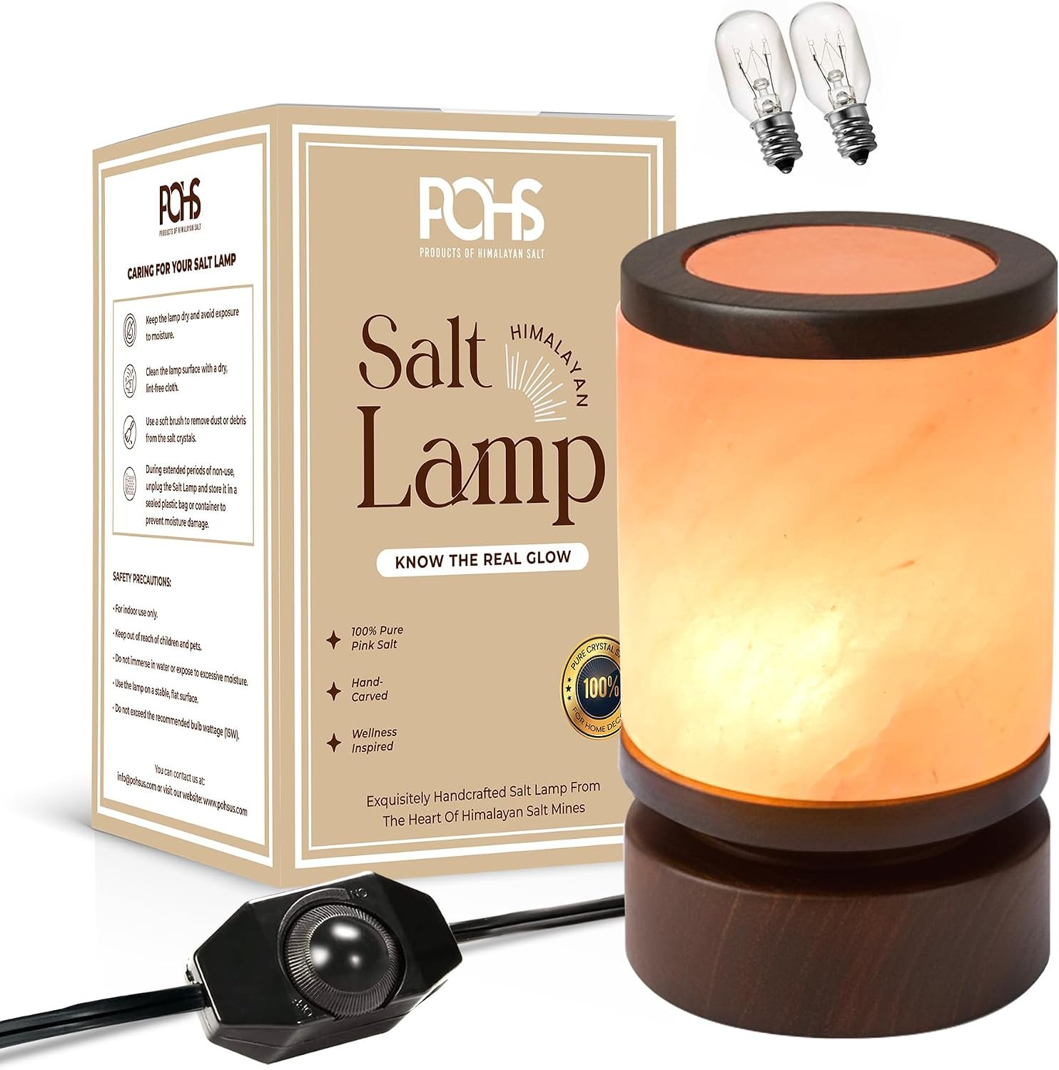 POHS Himalayan Pink Salt Round Lamp with Premium Brown Polished Wooden Base, 60” Long Dimmer Switch Cord and Two Light Bulbs; Hand Crafted,for Home, Office and Gift for Christmas