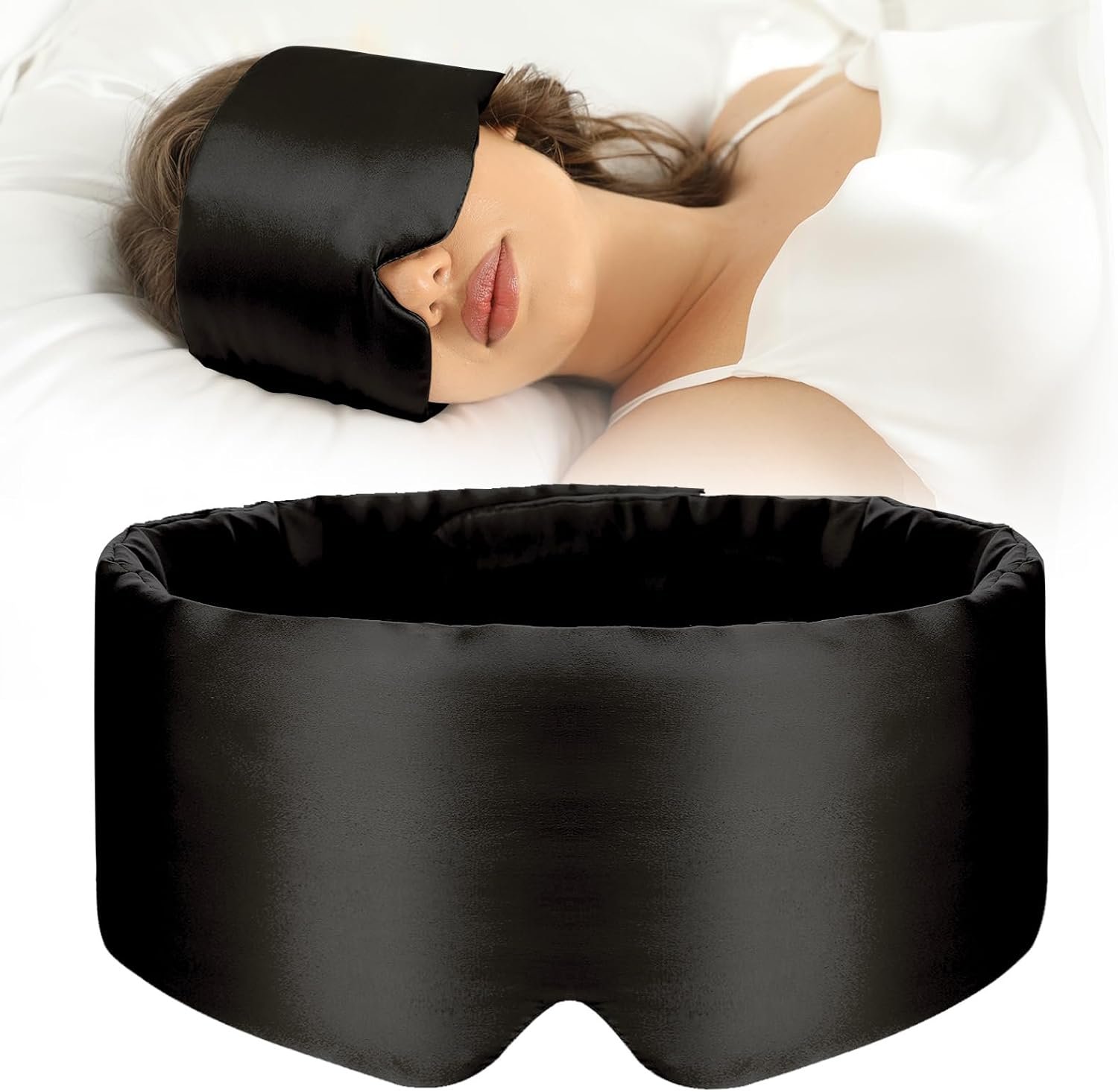 SECZIPE 100% Mulberry Silk Sleep Mask Eye Mask for Women Man with Adjustable Band, for Side Sleeper Blackout Sleep Mask for Travel Rest and Office Large Size (Black)