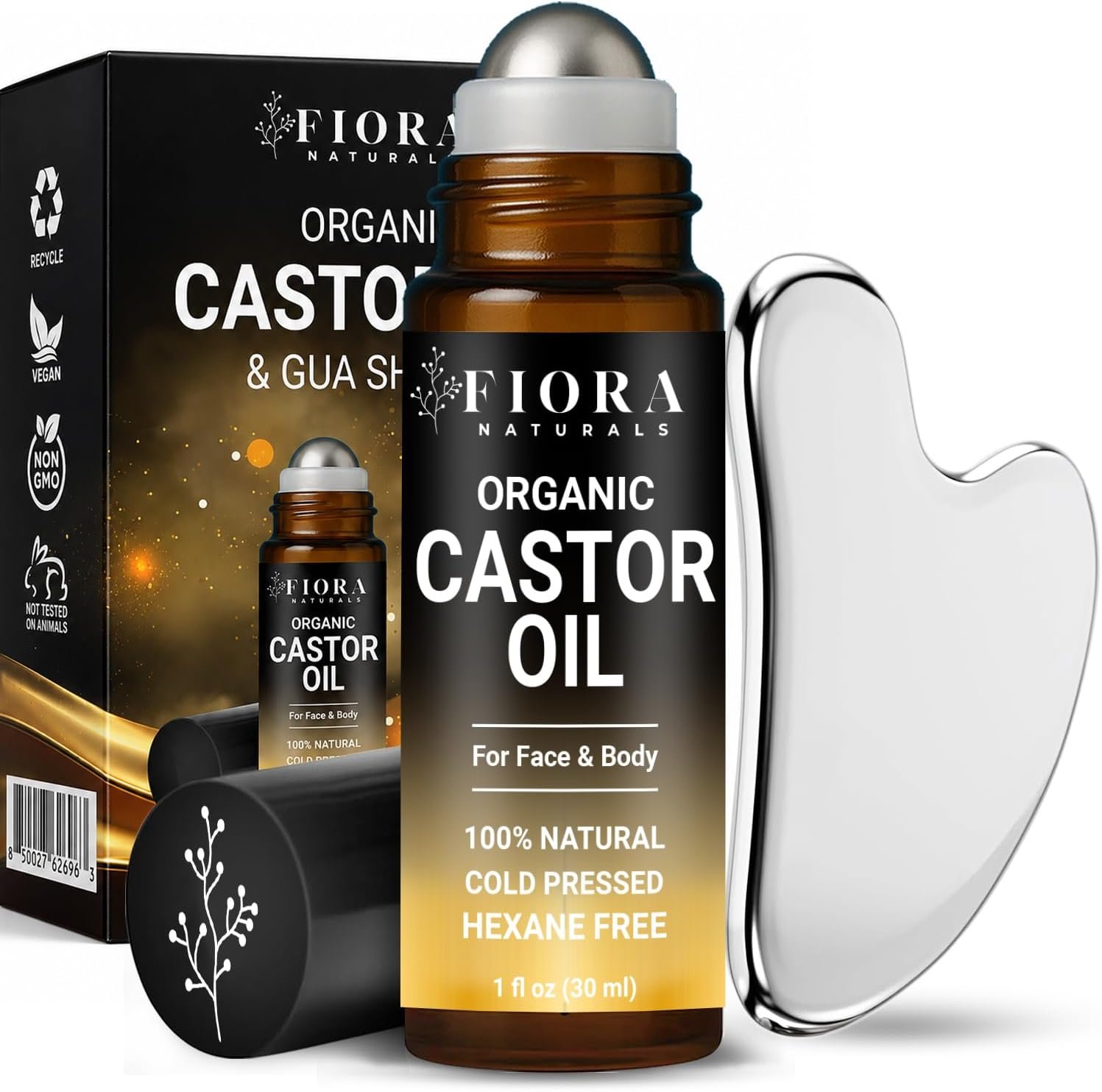 Organic Castor Oil Roll On & Stainless Steel Gua Sha Facial Tool, 1 fl oz
