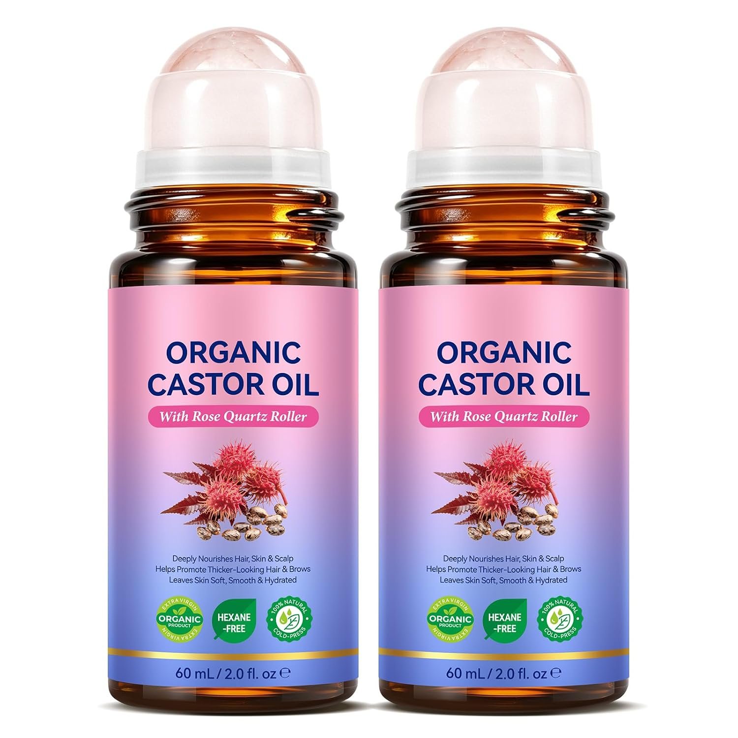 2PCS Castor Oil Rose Quartz Roller Ball (2 Fl Oz) Organic Castor Oil Roll On 100% Pure Cold Pressed & Hexane-Free Refillable Amber Glass Bottle for Face, Hair, Lashes & Brows