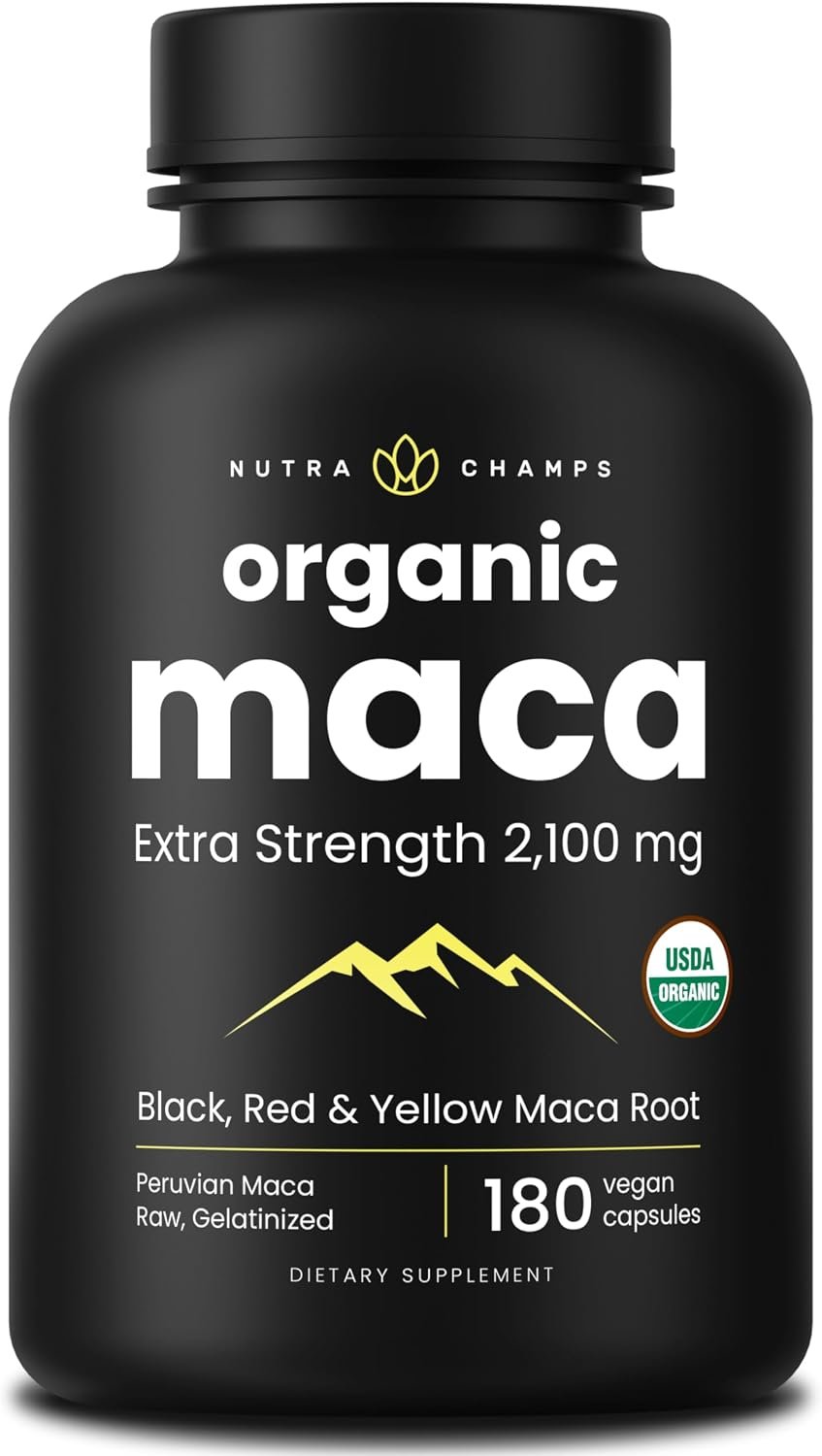 NutraChamps USDA Organic Maca Root Capsules for Women & Men, 2100mg, 180 Capsules, Black, Red & Yellow, Peruvian Maca Peruana, Gelatinized Maca Root Powder Extra Strength Pure Premium Supplement