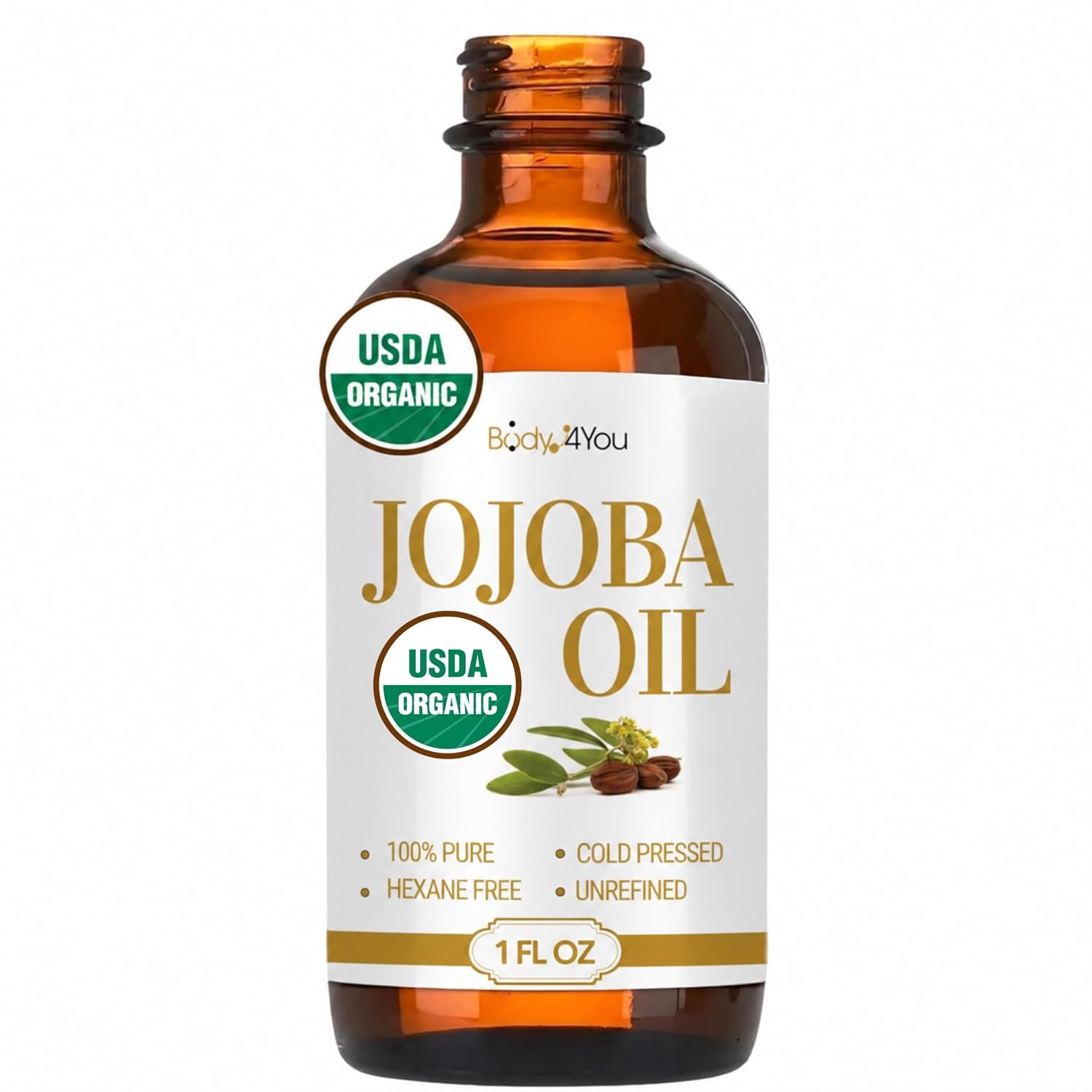BodyJ4You Organic Golden Jojoba Oil – USDA 100% Pure Cold Pressed Unrefined