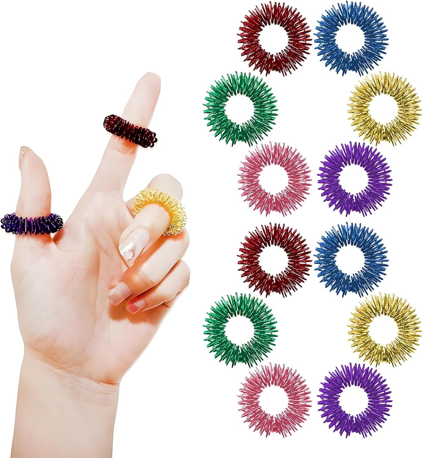 12PCS Acupressur Rings, Silent Fidget Toys, Spiky Fidget Rings for Anxiety