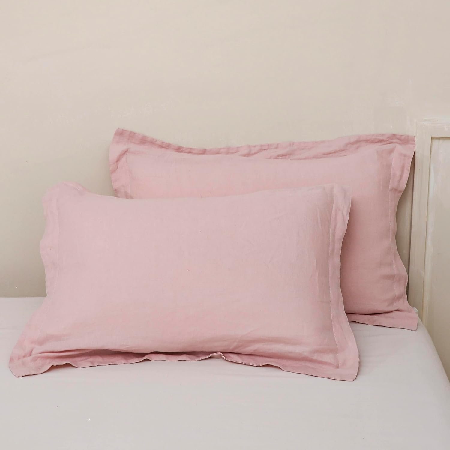 100% French Linen Pillow Shams Basic Style – Pack of 2 – Washed Solid Color Natural Flax Soft Breathable – Blush Pink, 20” x 26”