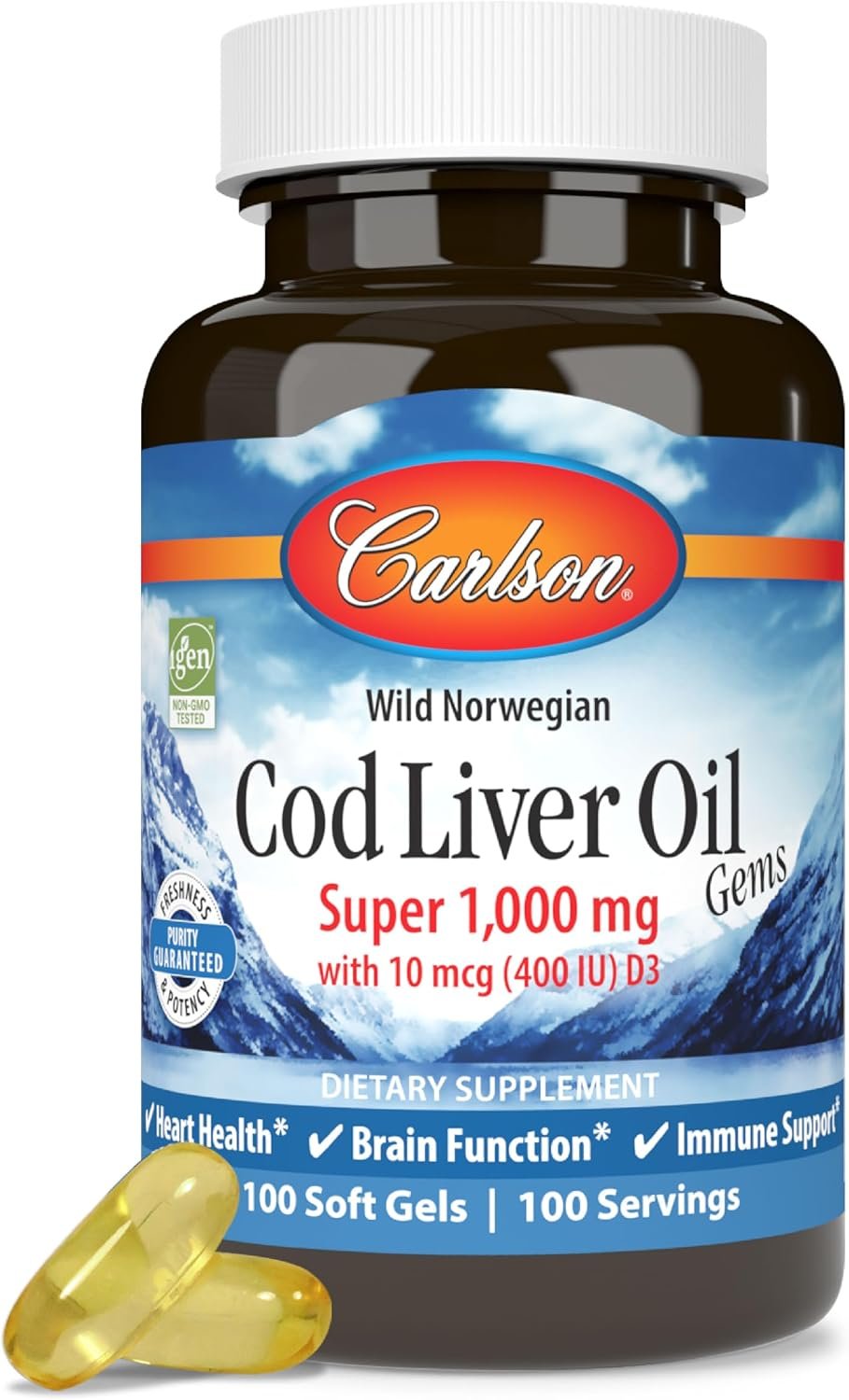 Carlson Cod Liver Oil Gems, Super 1000 mg, 250 mg Omega-3s, 100 Softgels