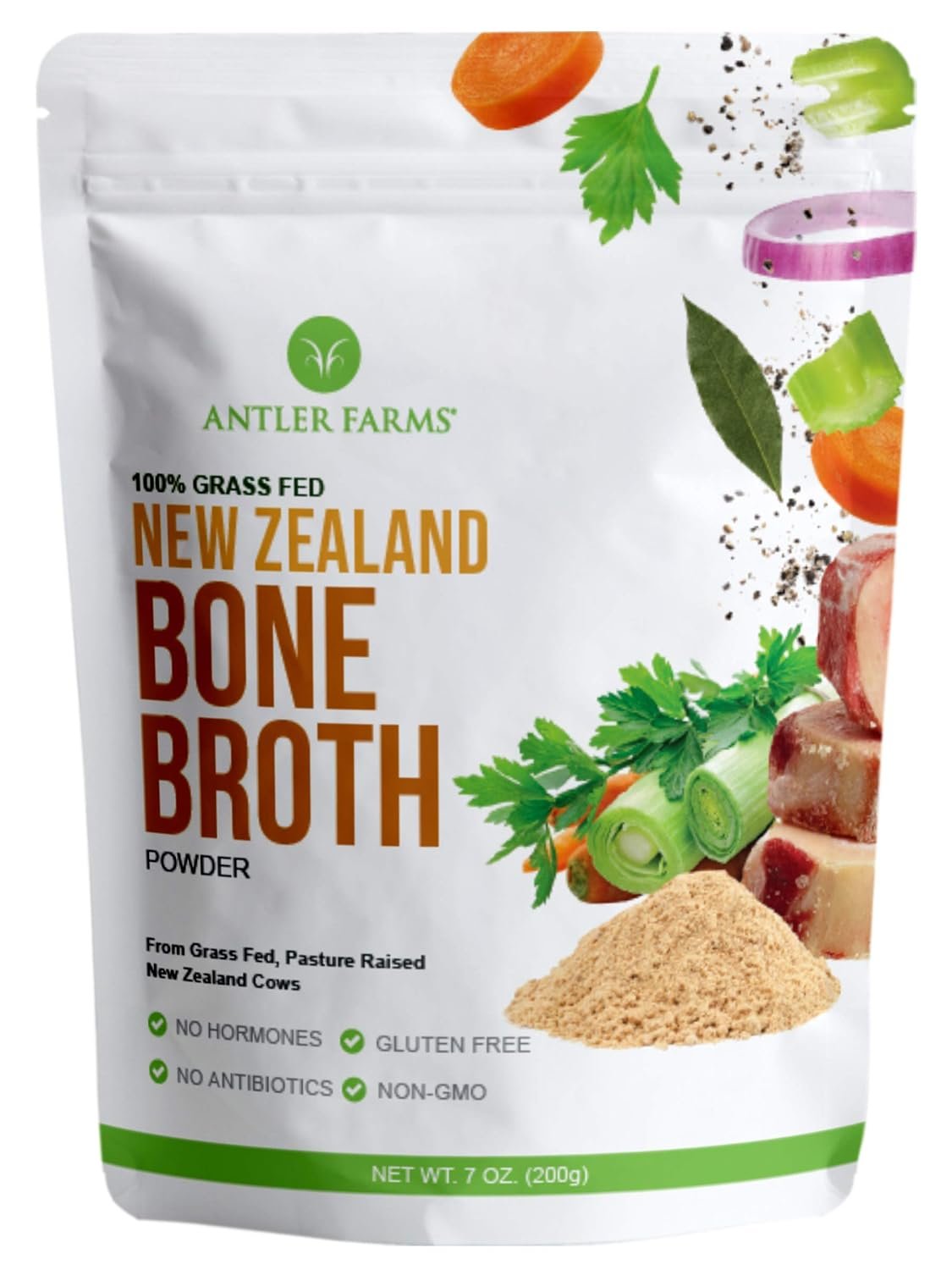 Antler Farms – 100% Grass Fed New Zealand Bone Broth Powder, 40 Servings, 200g – Slow Cooked, Gently Dried, Delicious Flavor, No Hormones, Antibiotics, & GMOs