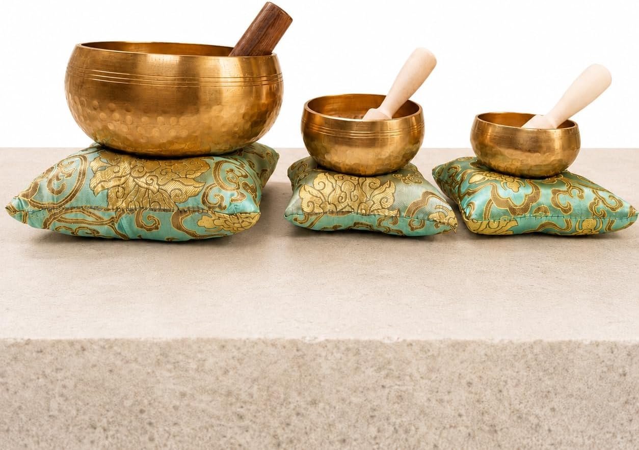 Tibetan Singing Bowl Starter Set 3 Pack – ZenOhm Collection 3 Piece, Hand-Hammered Bowls from Nepal with Cushions, Wooden Mallets and Gift Boxes, 3 Inch 4 Inch 6 Inch Meditation Sound Bowl Set
