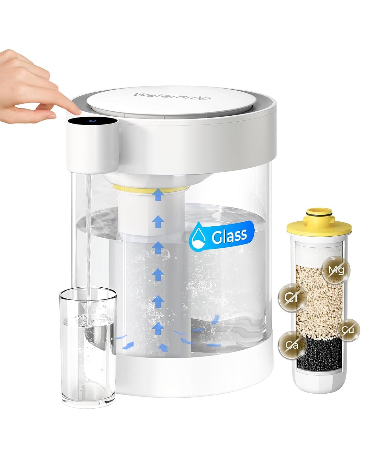 Waterdrop ED12W Glass Rechargeable Water Filter Dispenser, Large 22-Cup, Reduce 70+ Contaminants, Instant Eco-Friendly Countertop Water Filter System, 5-Stage Soften Water Pitcher, with 1 Filter