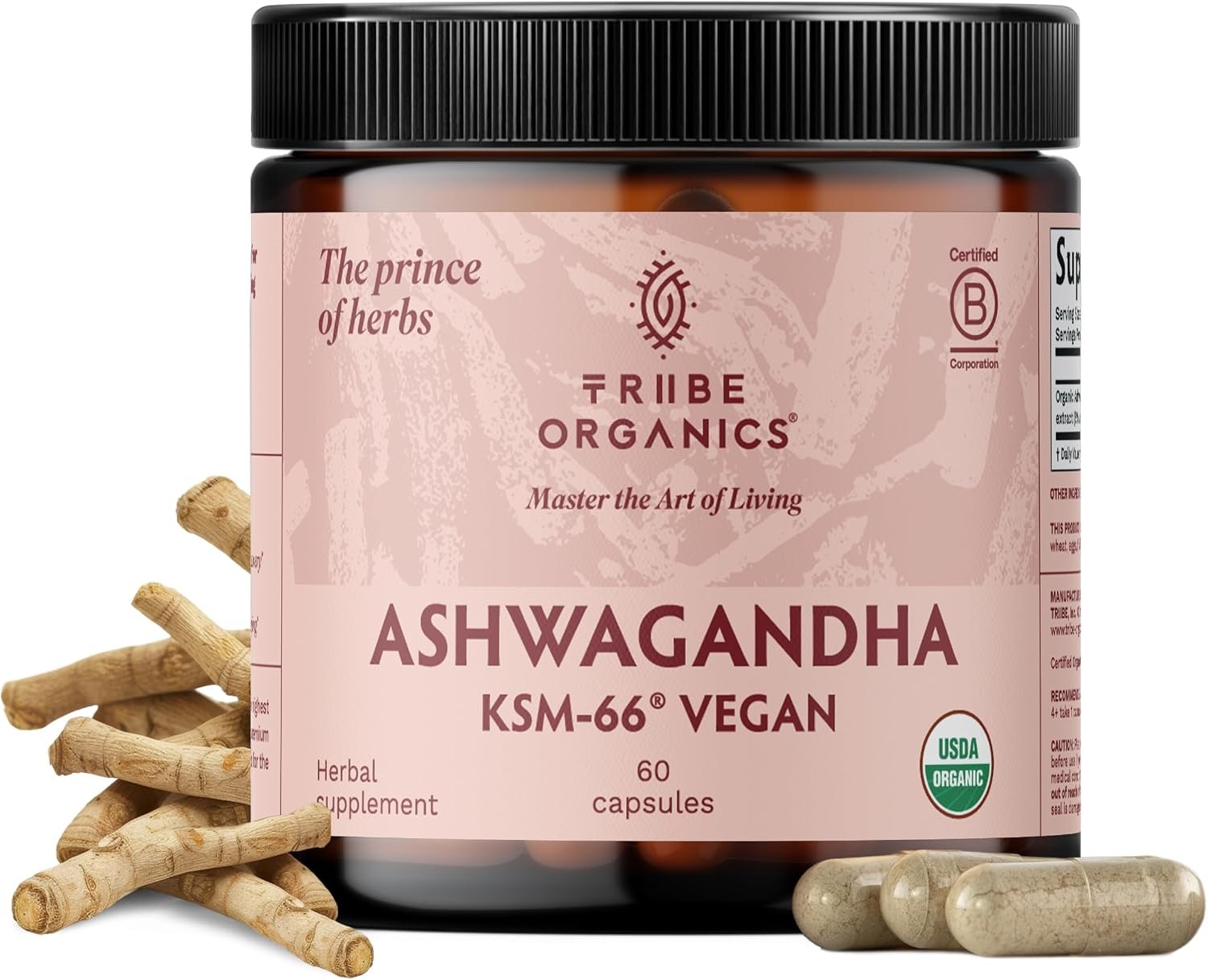 TRIBE ORGANICS Vegan Ashwagandha KSM 66 Pure Organic Root Powder Extract Ayurvedic Supplement – Focus Mood Support Increase Energy Strength 600mg of Natural KSM66 for Superior Absorption – 60 Capsules