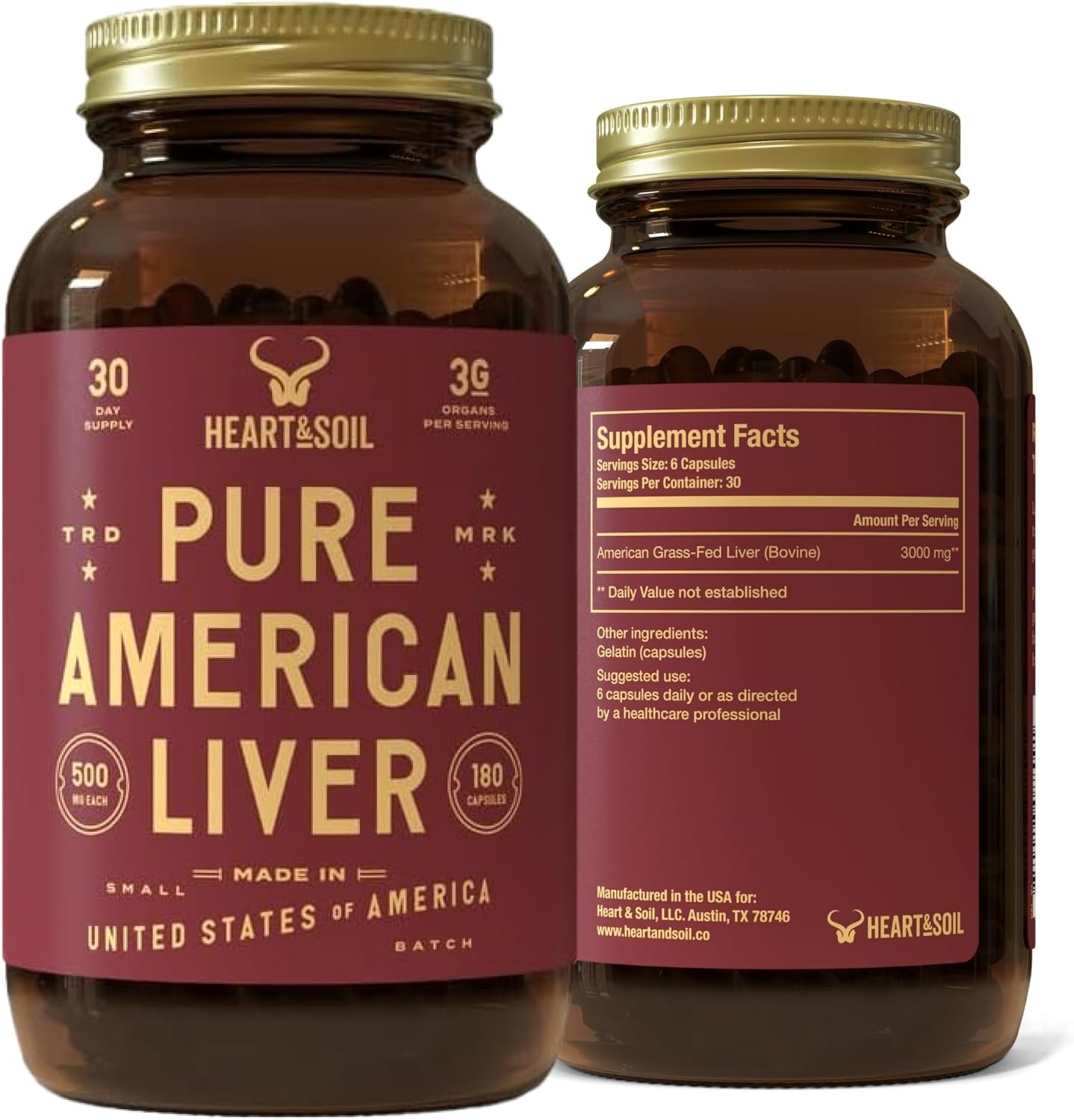 HEART & SOIL Pure American Beef Liver, 180 Capsules