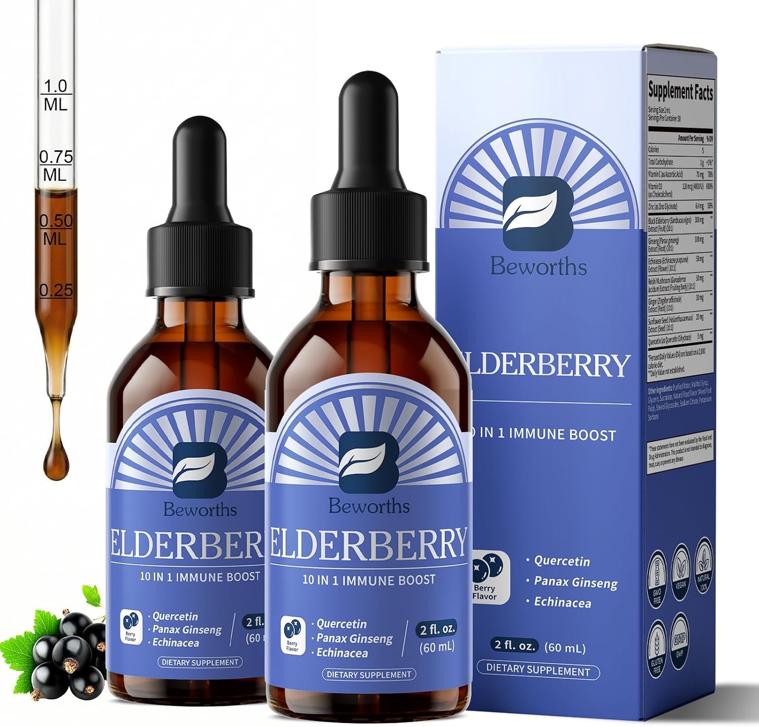 B BEWORTHS 2 Pack Elderberry Syrup Black Elderberry Drops with Quercetin, Panax Ginseng, Vitamin C and Zinc, Sambucus Liquid, Vegan, Non-GMO & Gluten Free