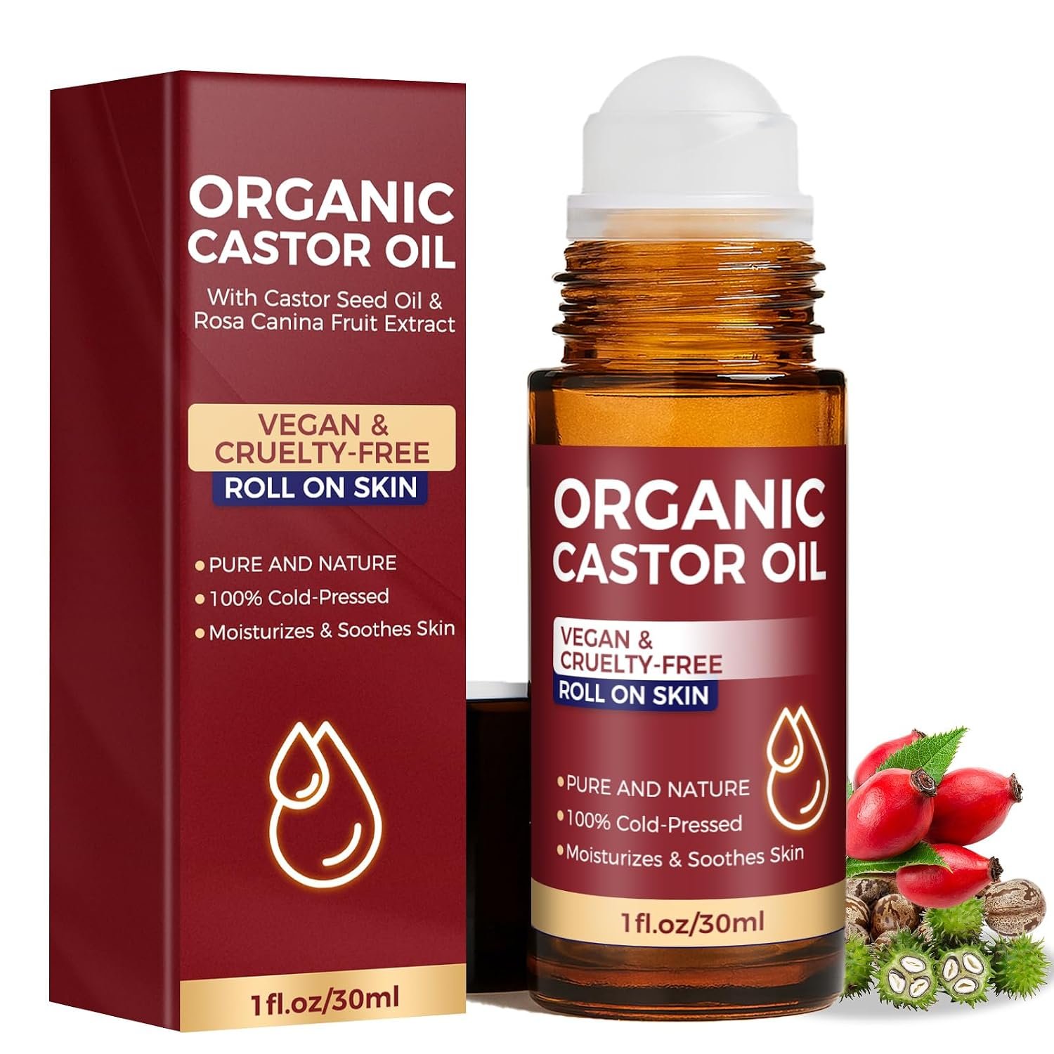Castor Oil Roll on, Castor Oil Organic, 100% Pure & Cold-Pressed, Hexane Free, Moisturize Skin, Glass Bottle for Hands, joints, Waist Belly Body Skin