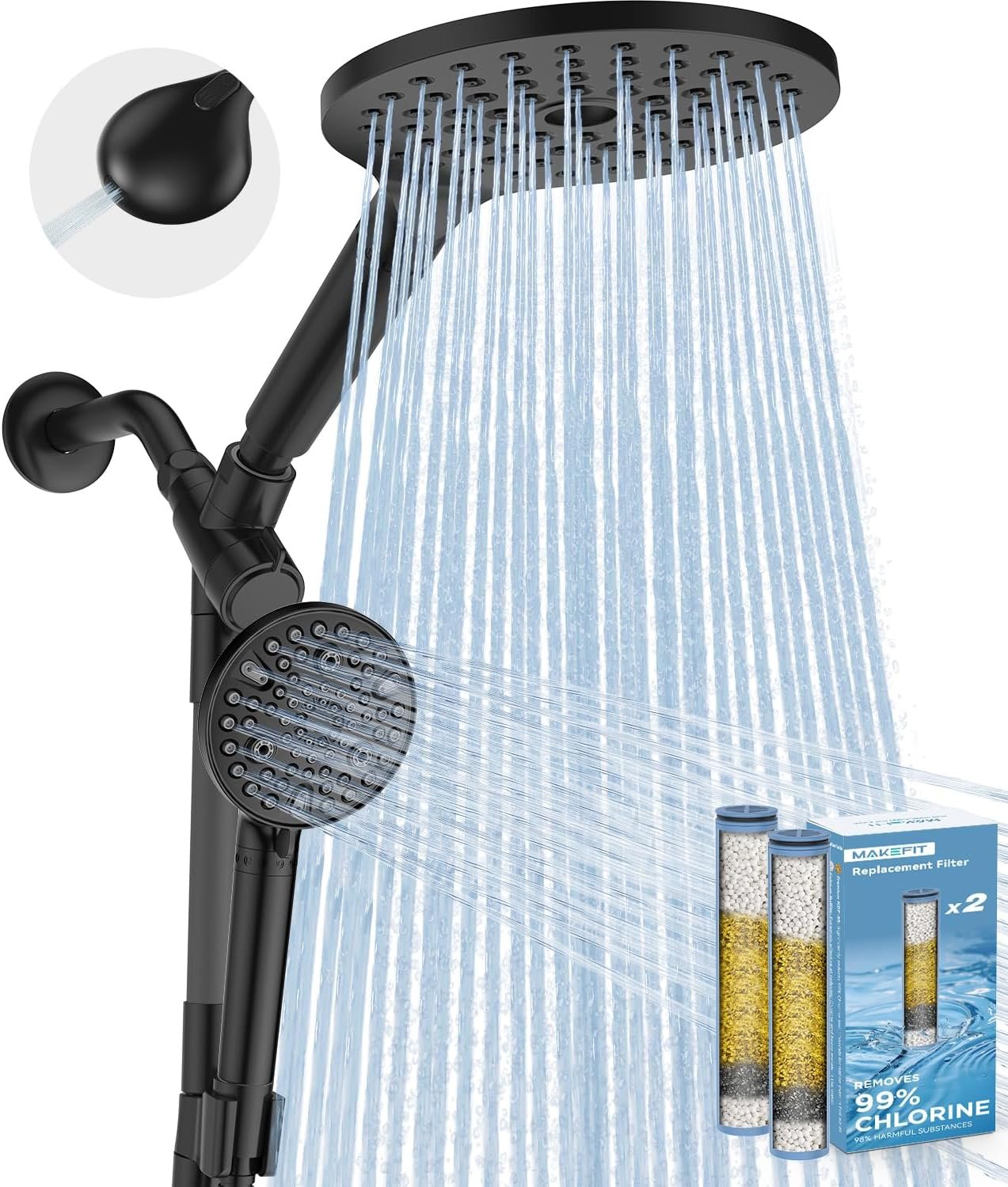 MakeFit Dual Filtered Rain Shower Head Combo, High Pressure Handheld Shower Head with Adjustable Bar – Rainfall Shower Head And Showerhead with Filter for Hard Water – Removes Chlorine