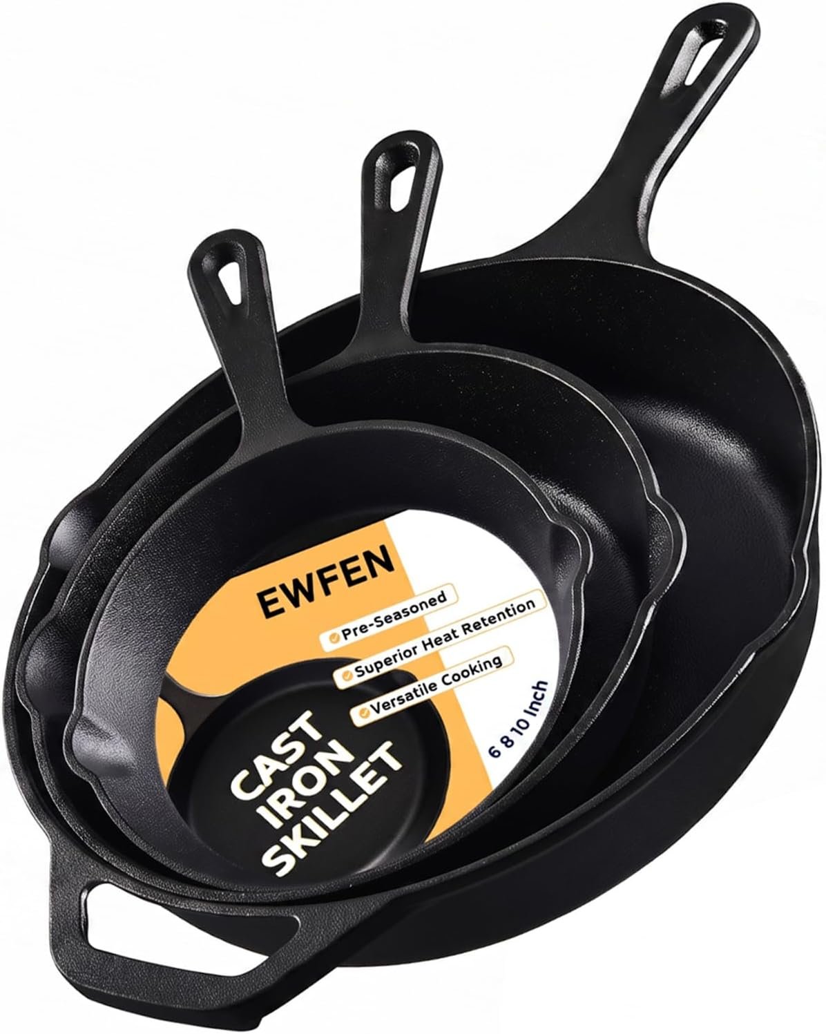 EWFEN Cast Iron Skillet 3-Piece Set, Heavy-Duty Professional Restaurant Chef Quality Pre-Seasoned Pan Cookware Set, 6″, 8″, 10″ Pans For Frying, Saute, Cooking, Use Indoor/Outdoor, Oven, Grill