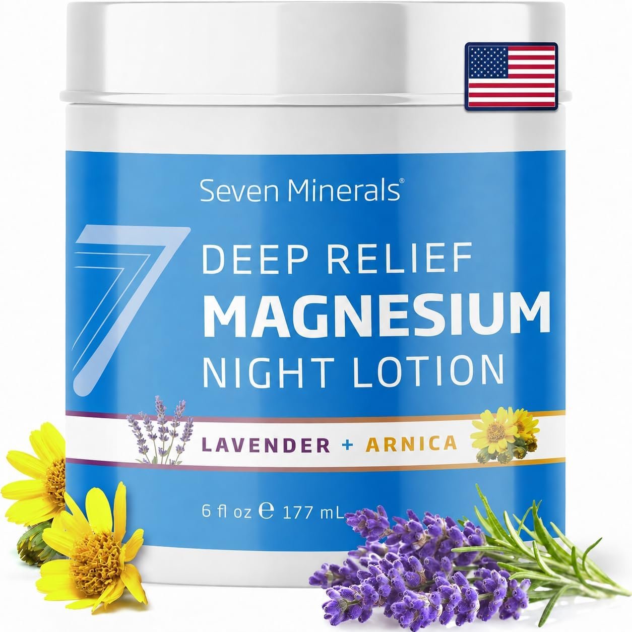 Seven Minerals Deep Relief Magnesium Night Lotion – Lavender + Arnica Cream for Deep Sleep & Muscle Relief – Calms Legs, Soothes Sore Back, Neck & Shoulders – Blended in USA, 6 Fl Oz