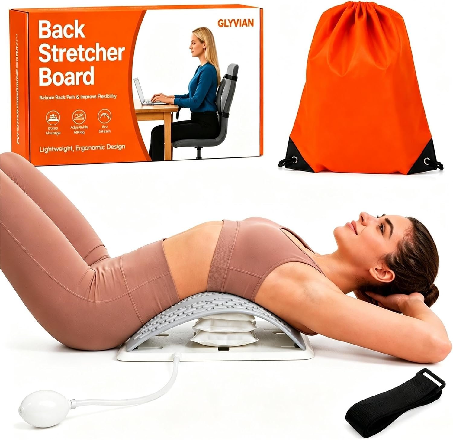 Inflatable Back Stretcher for Lower Back Pain Relief, Adjustable Airbag Lumbar Traction Device,Spine Decompression Support Board with Acupressure Massage&Chair Strap,Posture Corrector for Home Office
