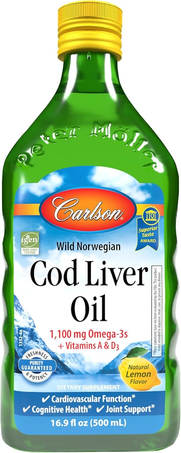 Carlson Cod Liver Oil, 1100 mg, Omega-3s, Lemon, 500 mL (16.9 Fl Oz)