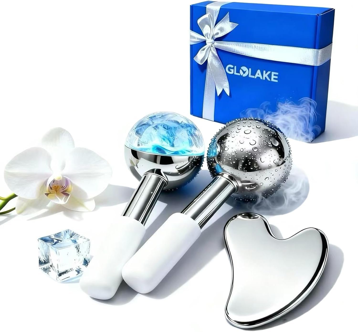 Ice Roller for Face & Eyes, Stainless Steel Ice Globes with Gua Sha Set, 3-Piece Facial Kit for Puffiness, Depuffing and Lymphatic Drainage, Cryo Facial Massage Tools, Neck & Jawline, Home Spa Gift