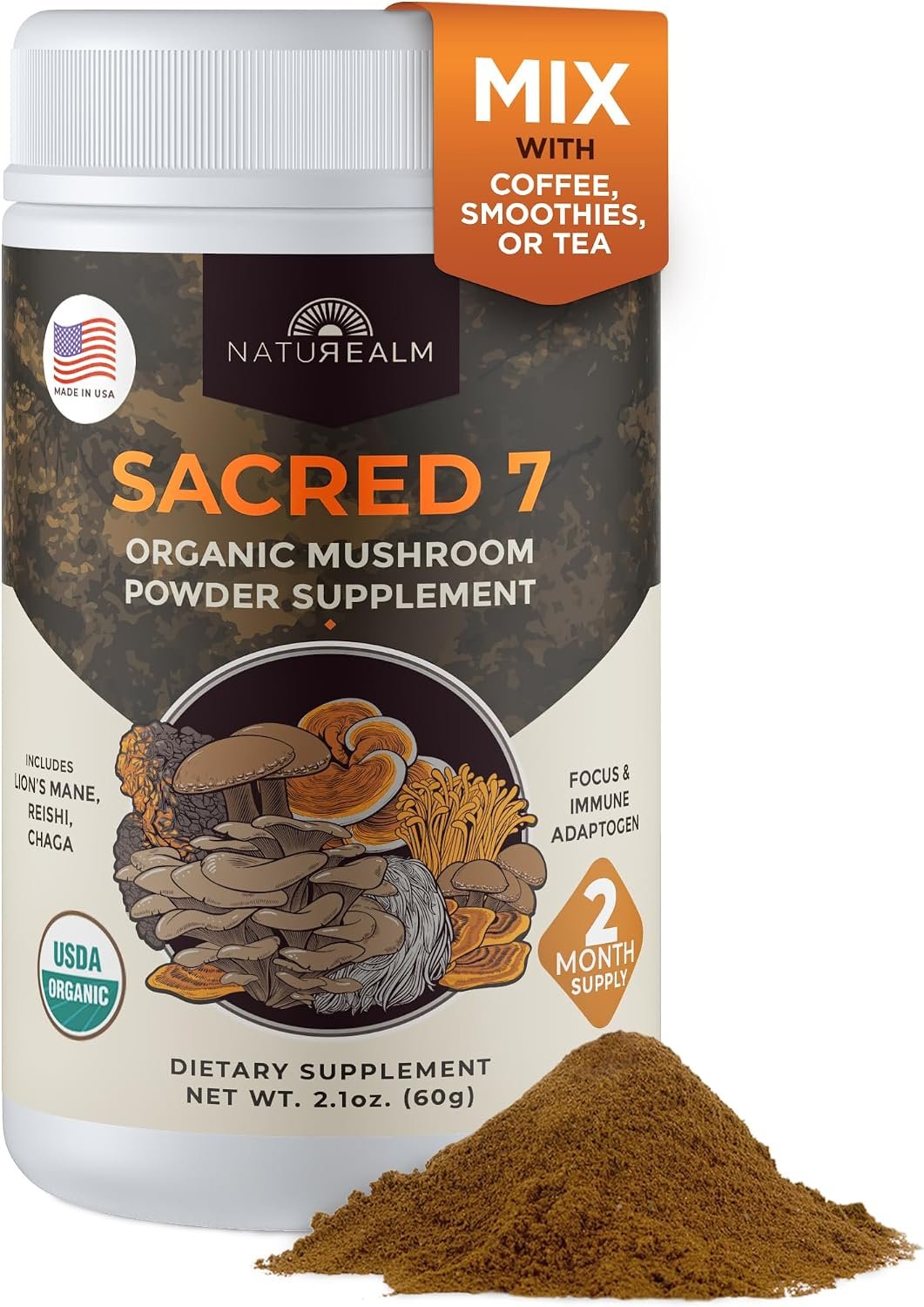 Naturealm Sacred 7 Organic Mushroom Powder, 60 Servings (2 Month Supply)