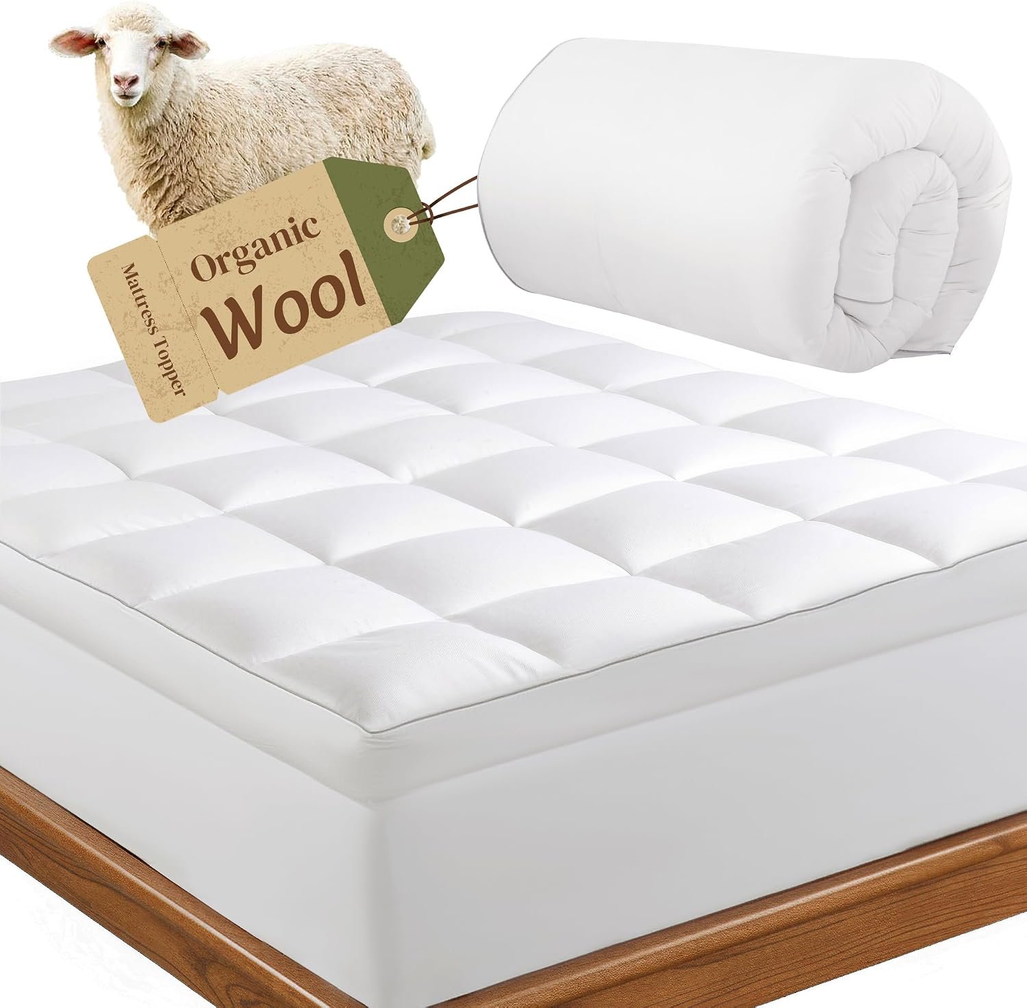 HOMBYS 2000GSM Australian Wool Mattress Topper Queen, 100% Merino Wool Fill with High-Thread-Count Cotton Shell, Extra Plush & Supportive Mattress Pad for Pressure Relief, 80″x60″