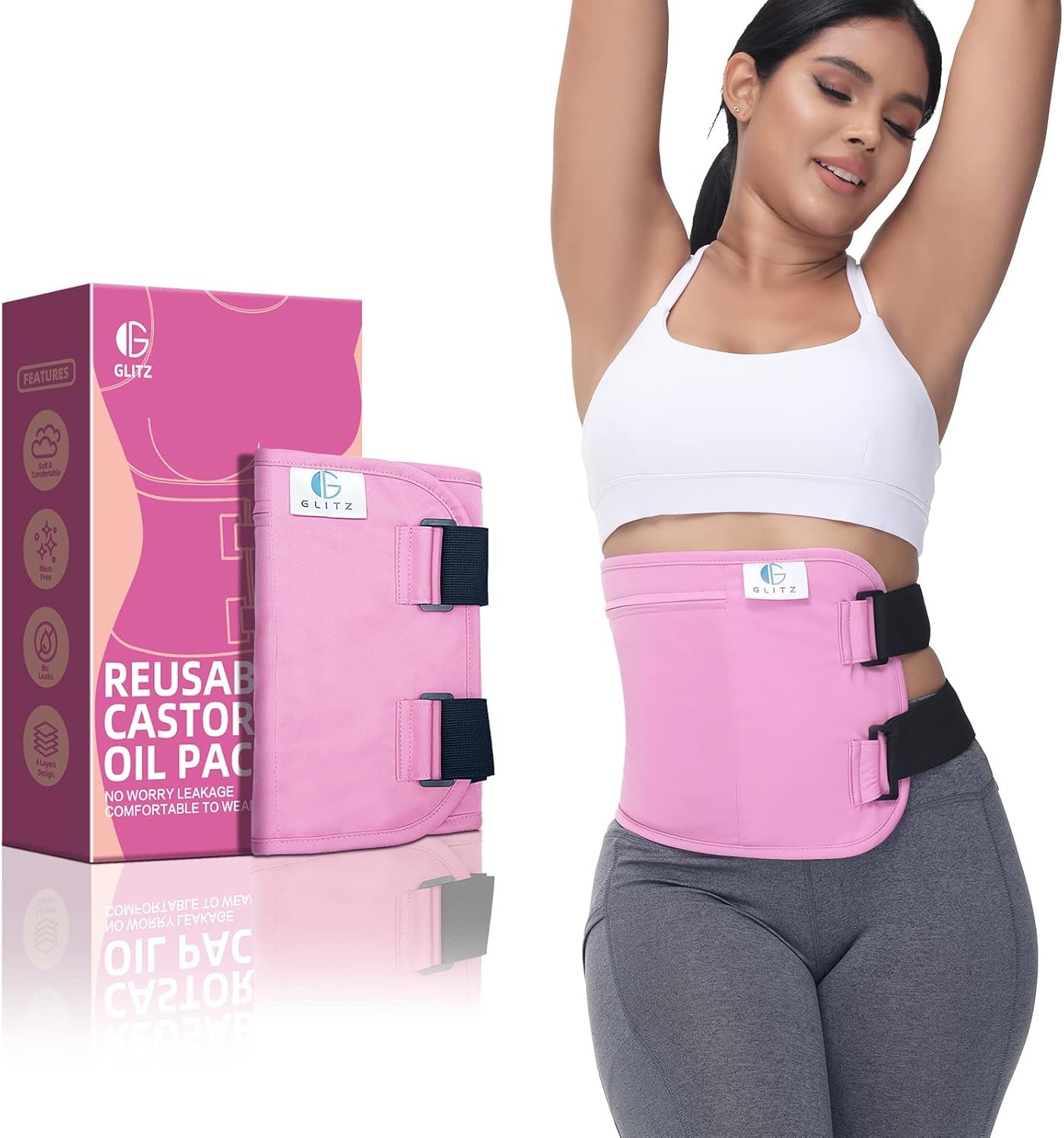 Castor Oil Pack Wrap – Reusable Organic Castor Oil Pack for Liver (Compress), Less Mess, Anti Leak Outer Layer, Soft Cotton (Pink)