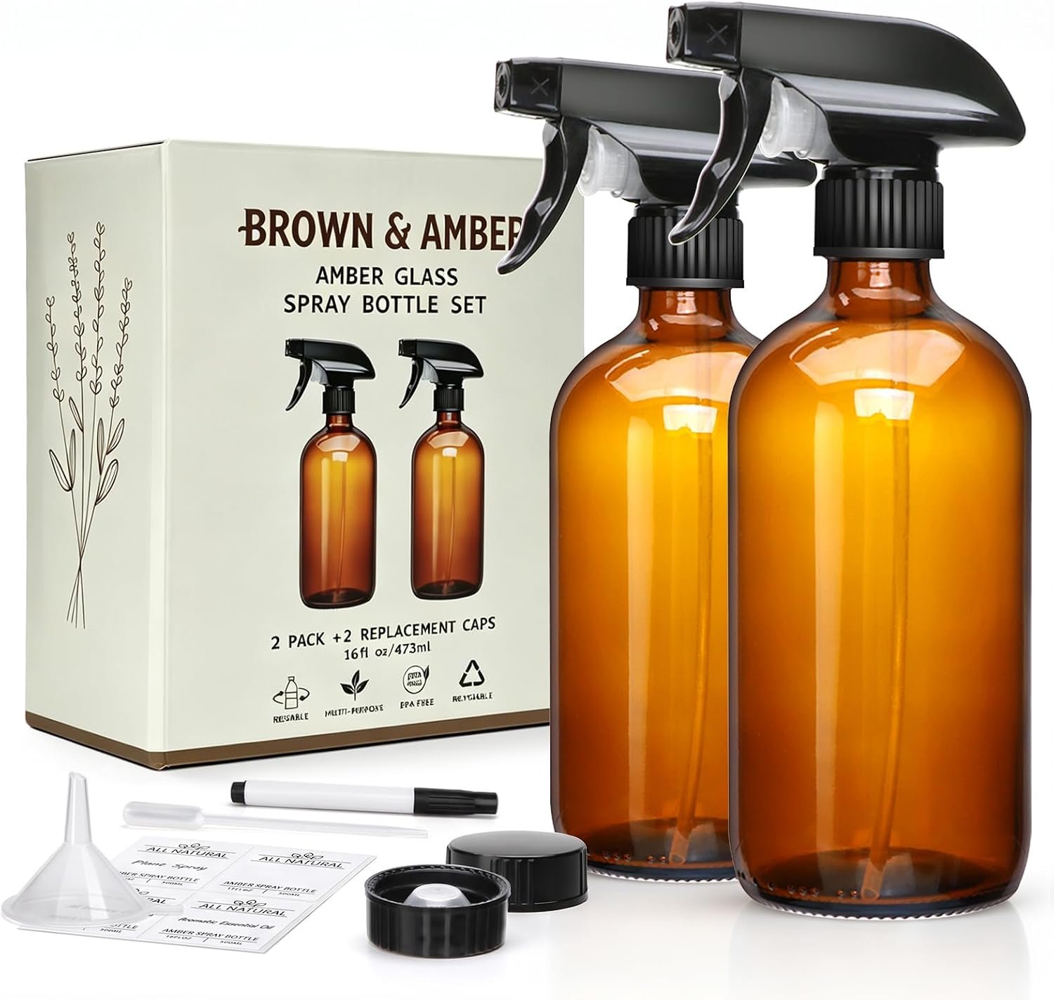Maredash 16oz Amber Glass Spray Bottles,Spray Bottles for Cleaning 2pcs