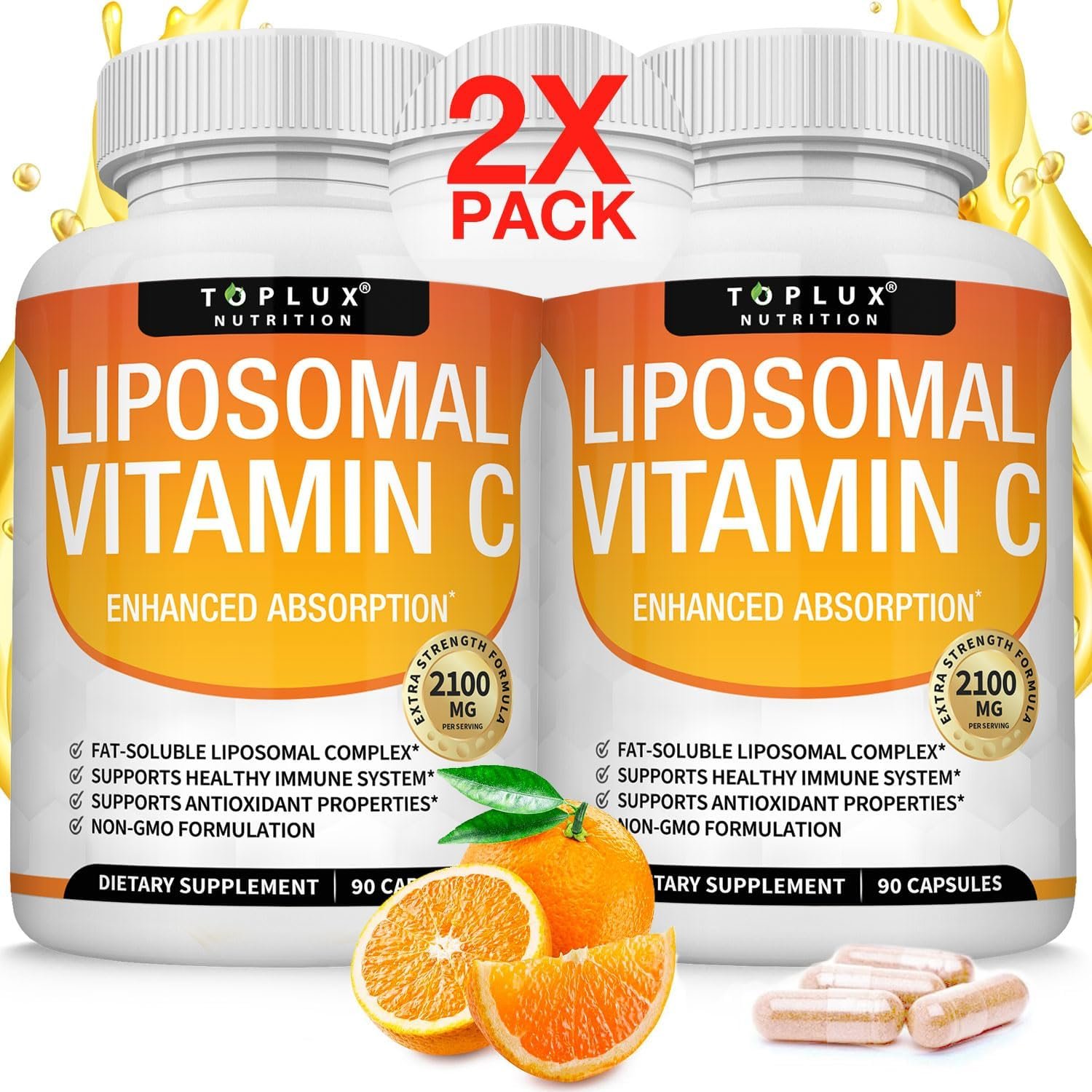Liposomal Vitamin C 2100mg High Absorption Fat Soluble VIT C – Immune Support Collagen Booster Immunity Defense & Powerful Antioxidant, MCT Oil & Sunflower Lecithin, Acsorbic Acid, Vegan Non-GMO