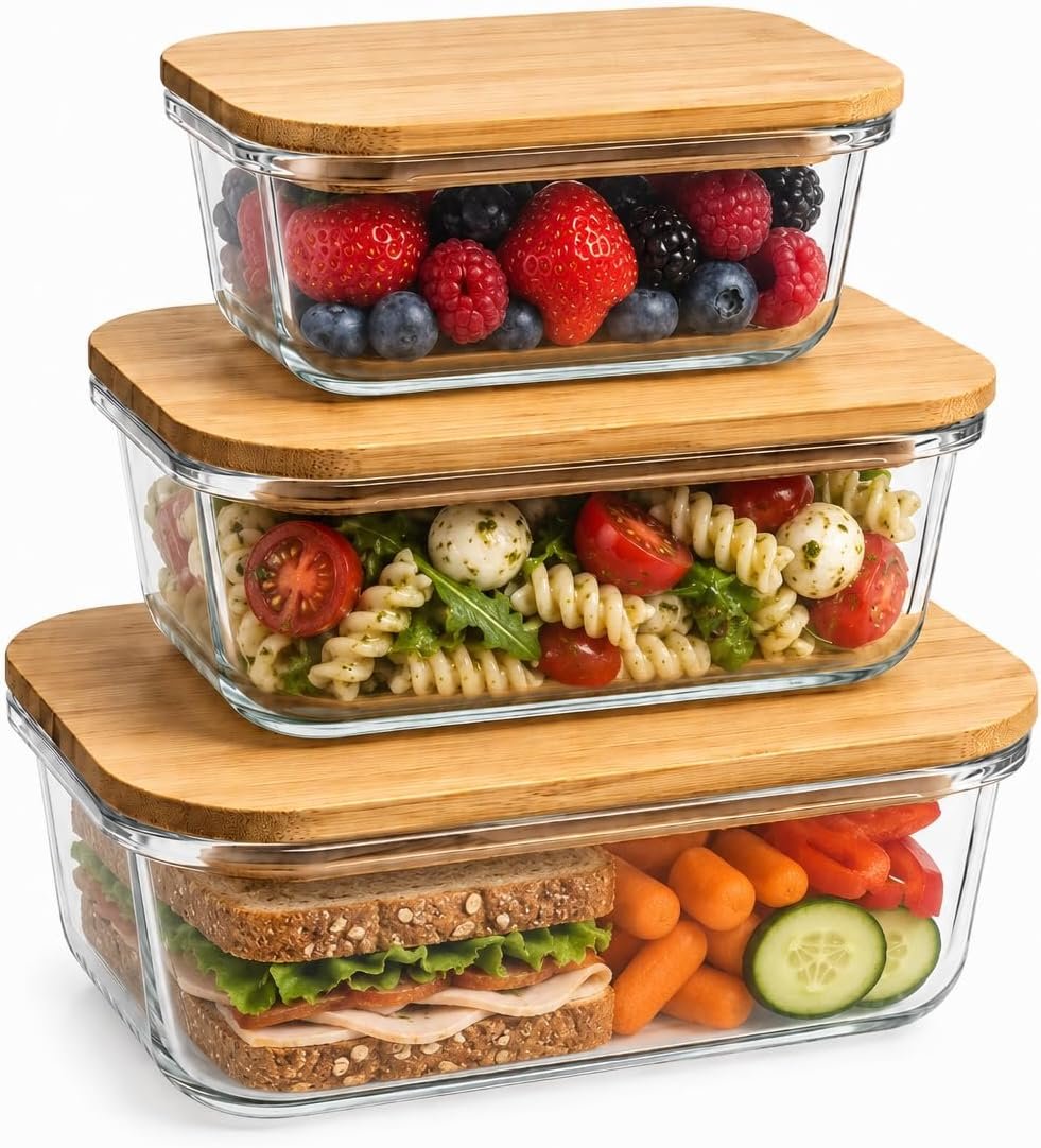 3-Pack Airtight Glass Food Storage Containers with Bamboo Lids