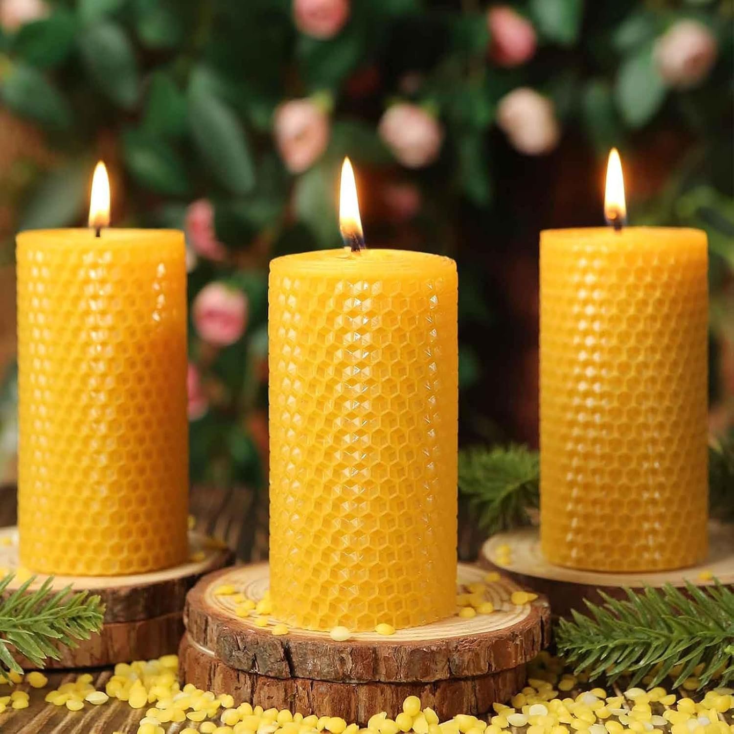 Beeswax Pillar Candles,Non-Toxic Honeycomb Bees Wax Candle for Home,Yellow