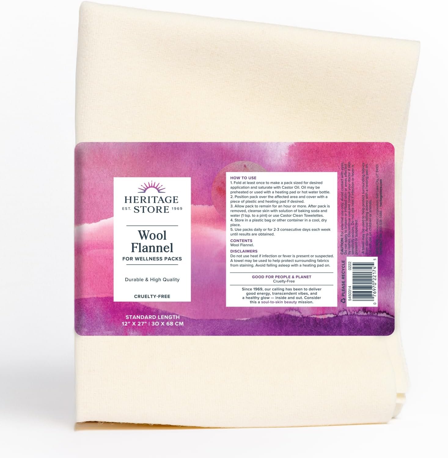 HERITAGE STORE Wool Flannel for Castor Oil Packs, 12 x 27 in