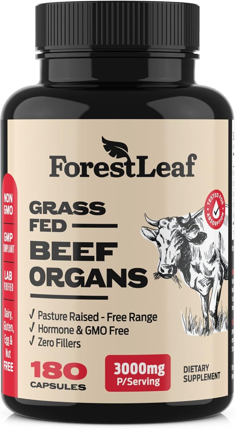 ForestLeaf Beef Organ Supplement – Grass Fed & Pasture Raised – Total Body Wellness & Performance, Organ Complex with 3000mg of Desiccated Beef Liver (180 Count (Pack of 1), Beef Organ)