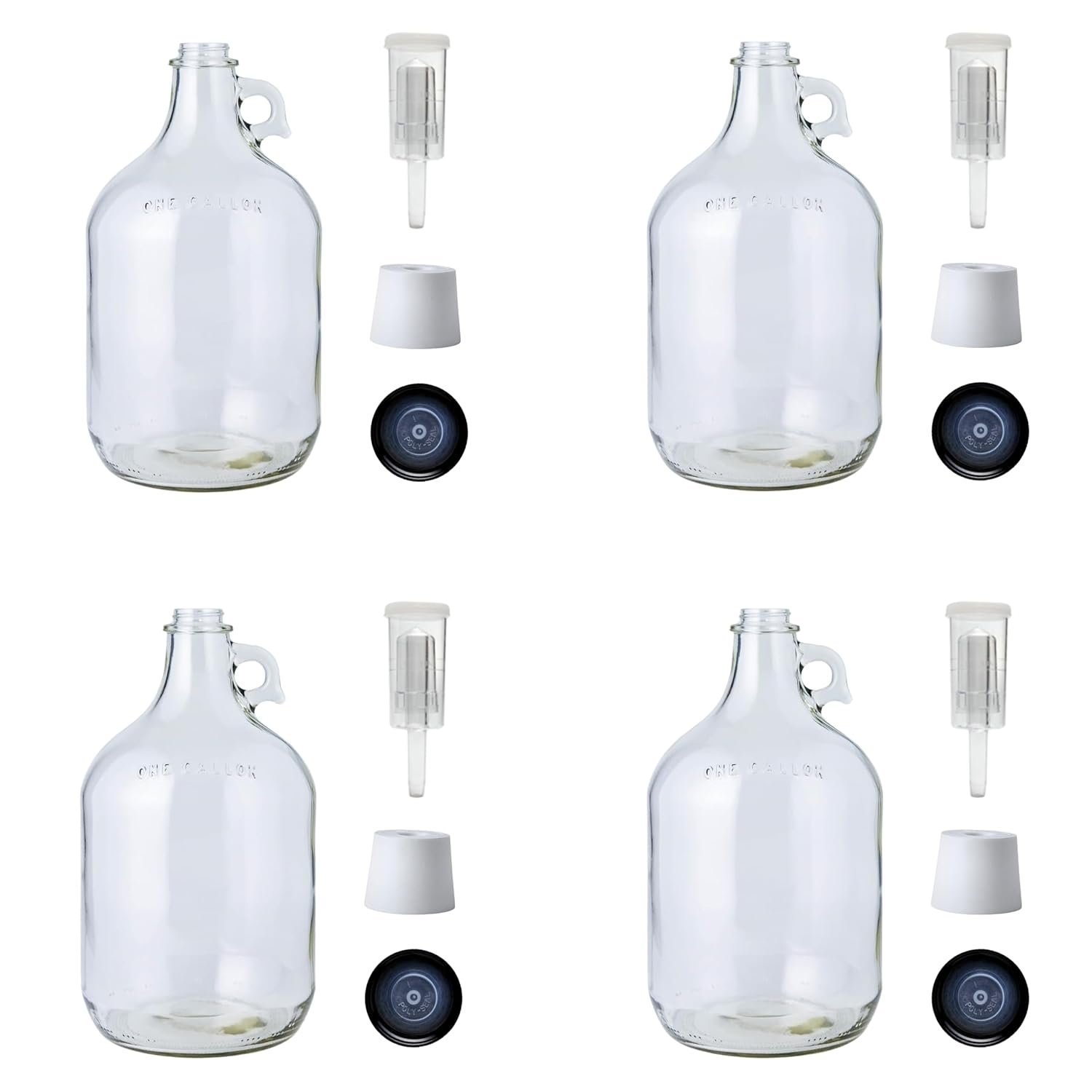 1 Gallon Glass Jug 4 Pack with Airlocks, Bungs and Polyseal Caps | Homebrew