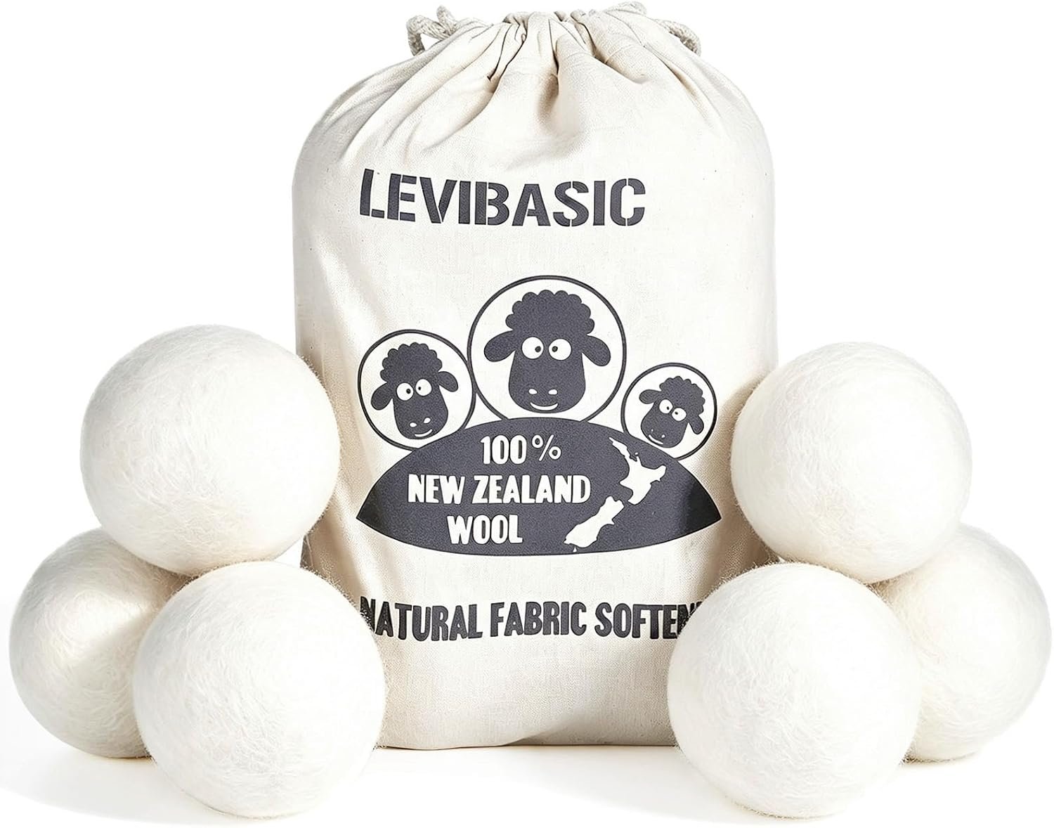 Wool Dryer Balls 6 Pack, 100% New Zealand Wool to Core