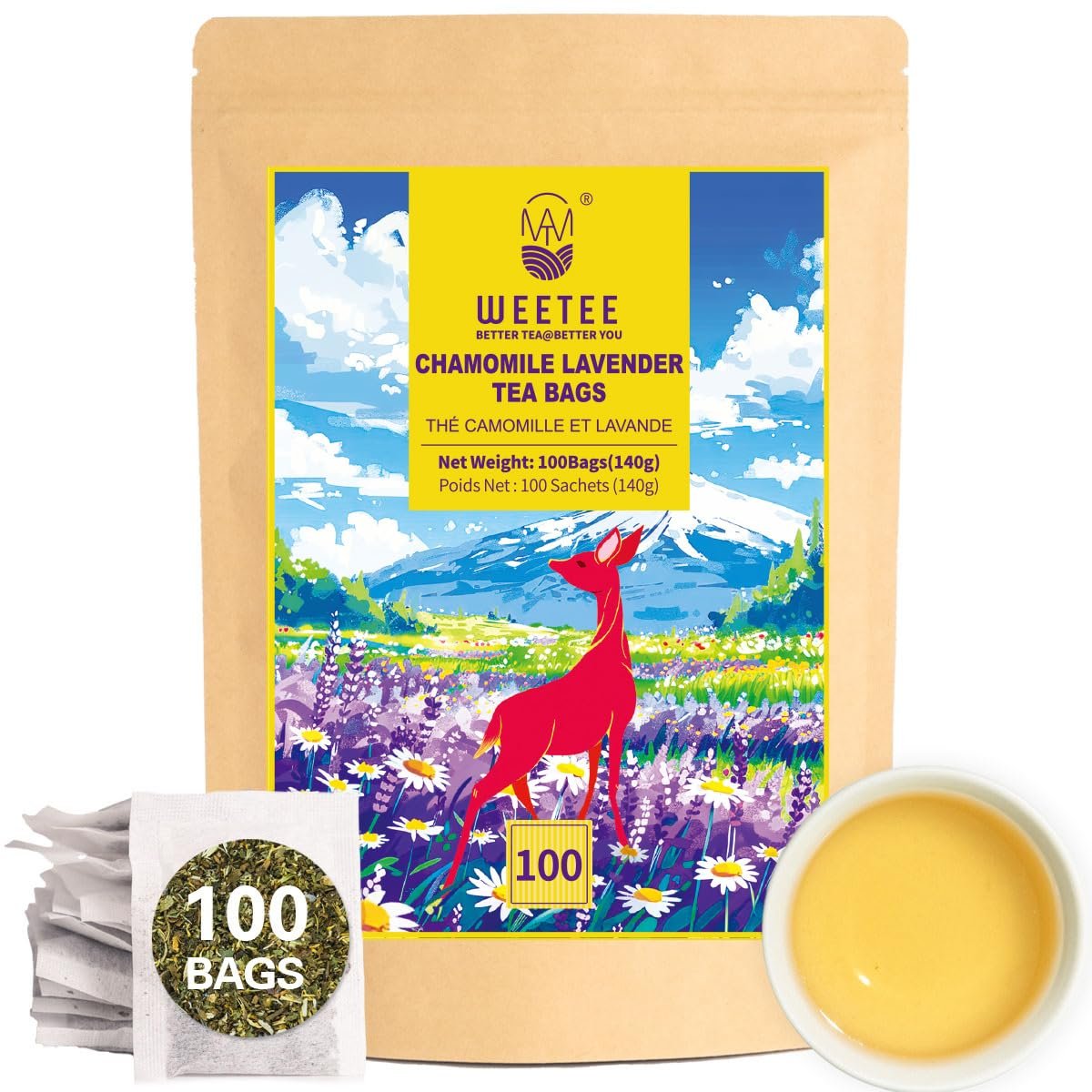 WT WEETEE Chamomile Lavender Tea Bags 100ct, Caffeine-free Tea for Bedtime