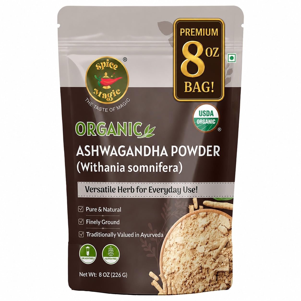 Spice Magic Organic Ashwagandha Powder, Pure Root for Tea & Milk, 8 oz