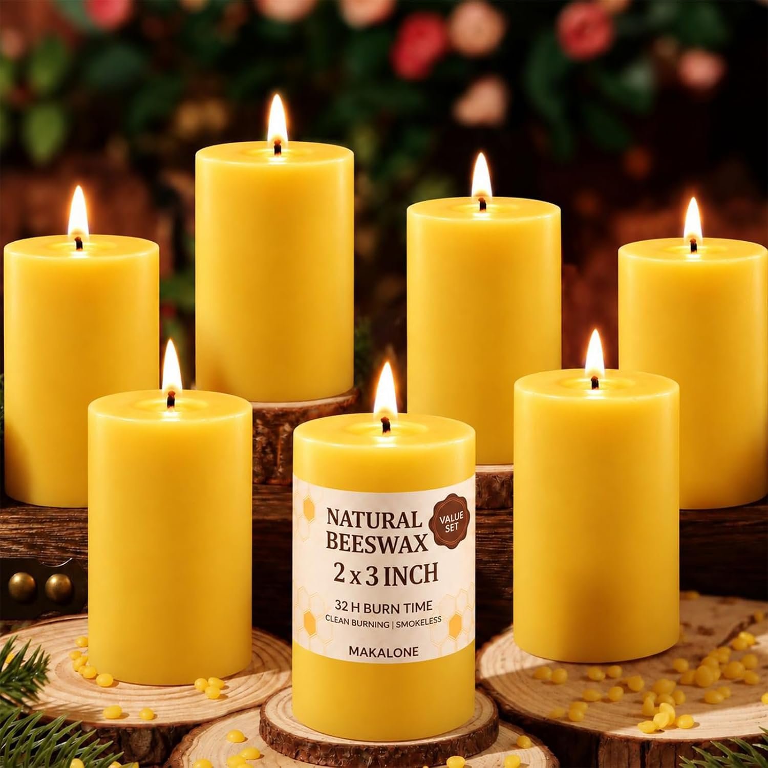 Natural Beeswax Pillar Candles, Non Toxic,2×3 inch,6 Pack,192 H Long Burn