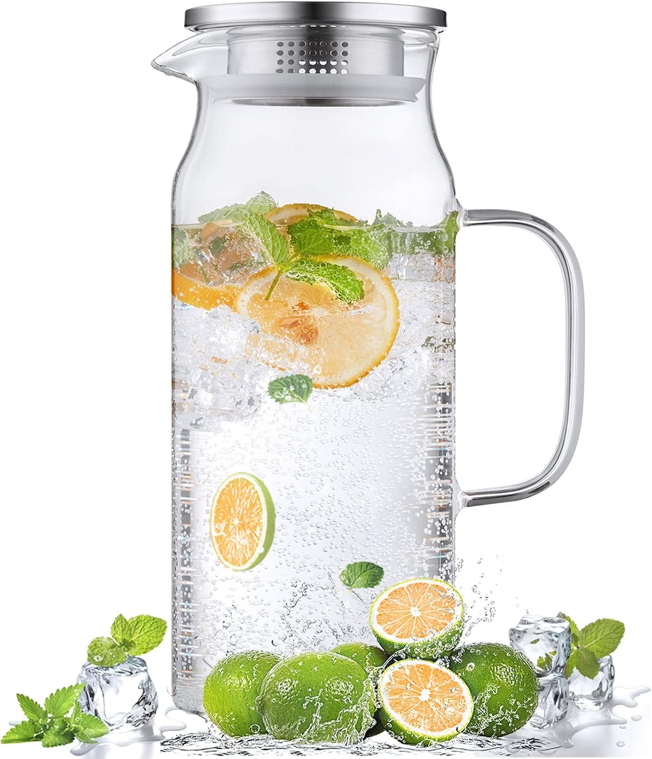 Bivvclaz 2 Liter 68 oz Glass Pitcher with Lid and Handle, Glass Carafe for Hot/Cold Water, Large Iced Tea Pitcher for Coffee, Juice and Homemade Beverage