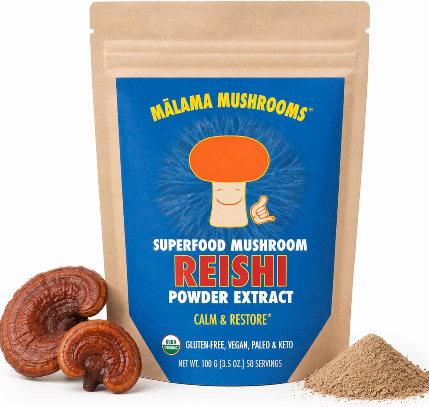 Malama Organic Reishi Mushroom Extract Powder, Natural Superfood 3.5 oz