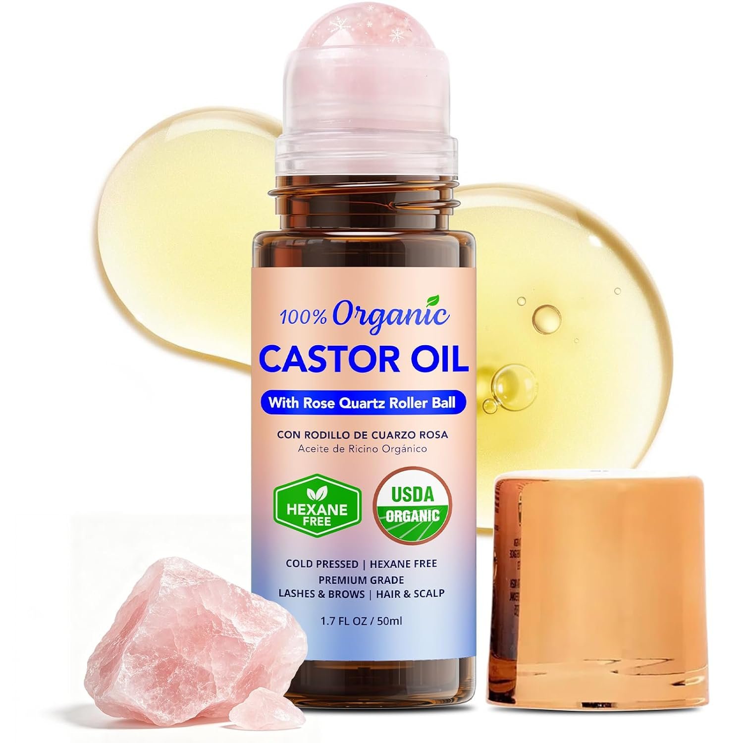 Castor Oil Rose Quartz Roller Ball: 100% Pure Organic Cold Pressed Serum, Natural Crystal Face Roller for Fine Lines, Wrinkles & Puffiness, Thicker Lashes & Brows, Self Care Gift for Women 35+ 1.7oz