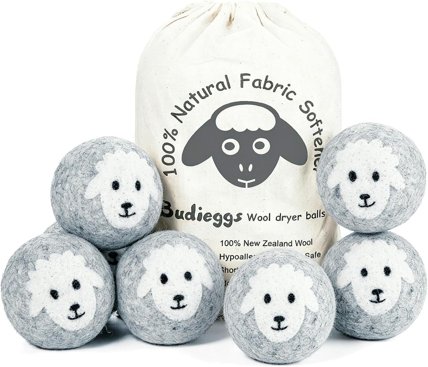Budieggs Wool Dryer Balls XL 6-Pack, 100% New Zealand Wool Handmade
