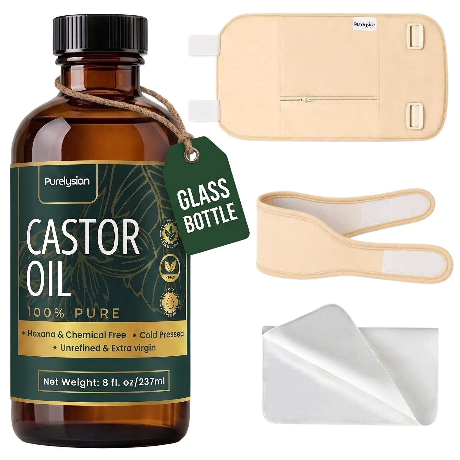 Purelysian Castor Oil Pack Wrap Kit with Castor Oil in Glass Bottle 8 Fl Oz