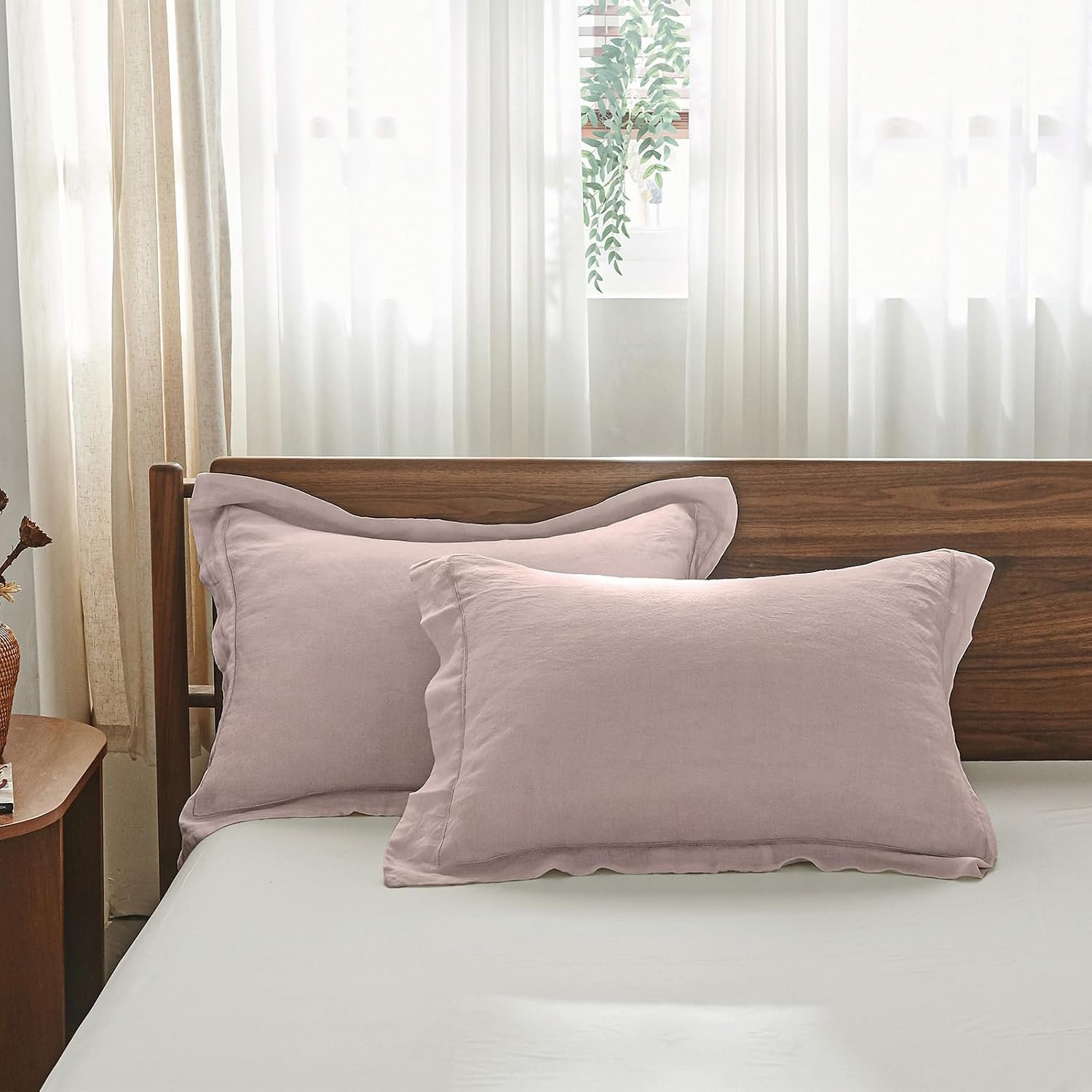 Simple&Opulence 100% French Linen Pillowcase King Size Set of 2, Pure Flax Pillow Covers with Embroidered, Solid Color Pillow Cases with Overlap Closure -Soft and Durable (20″ X 36″, Dusty Pink)