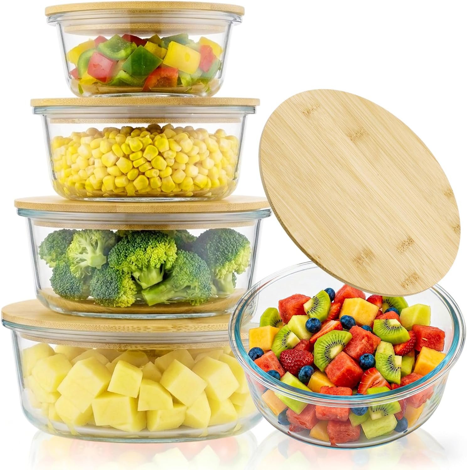44/32/21/14 oz Glass Food Storage Containers, Borosilicate with Bamboo Lids