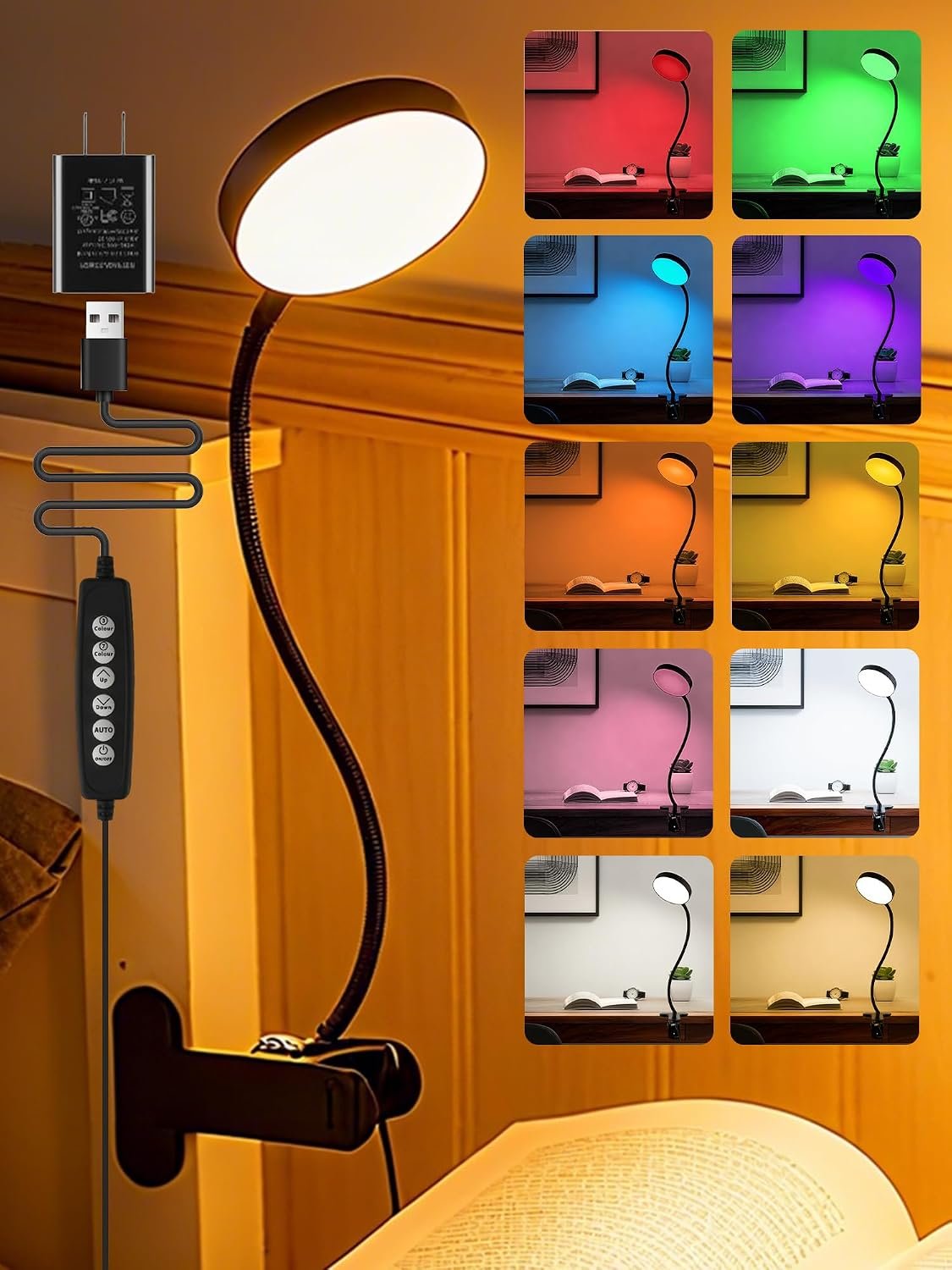 Clip on Light,10 RGB Colors+10 Brightness Small Desk Lamp with Clamp Light