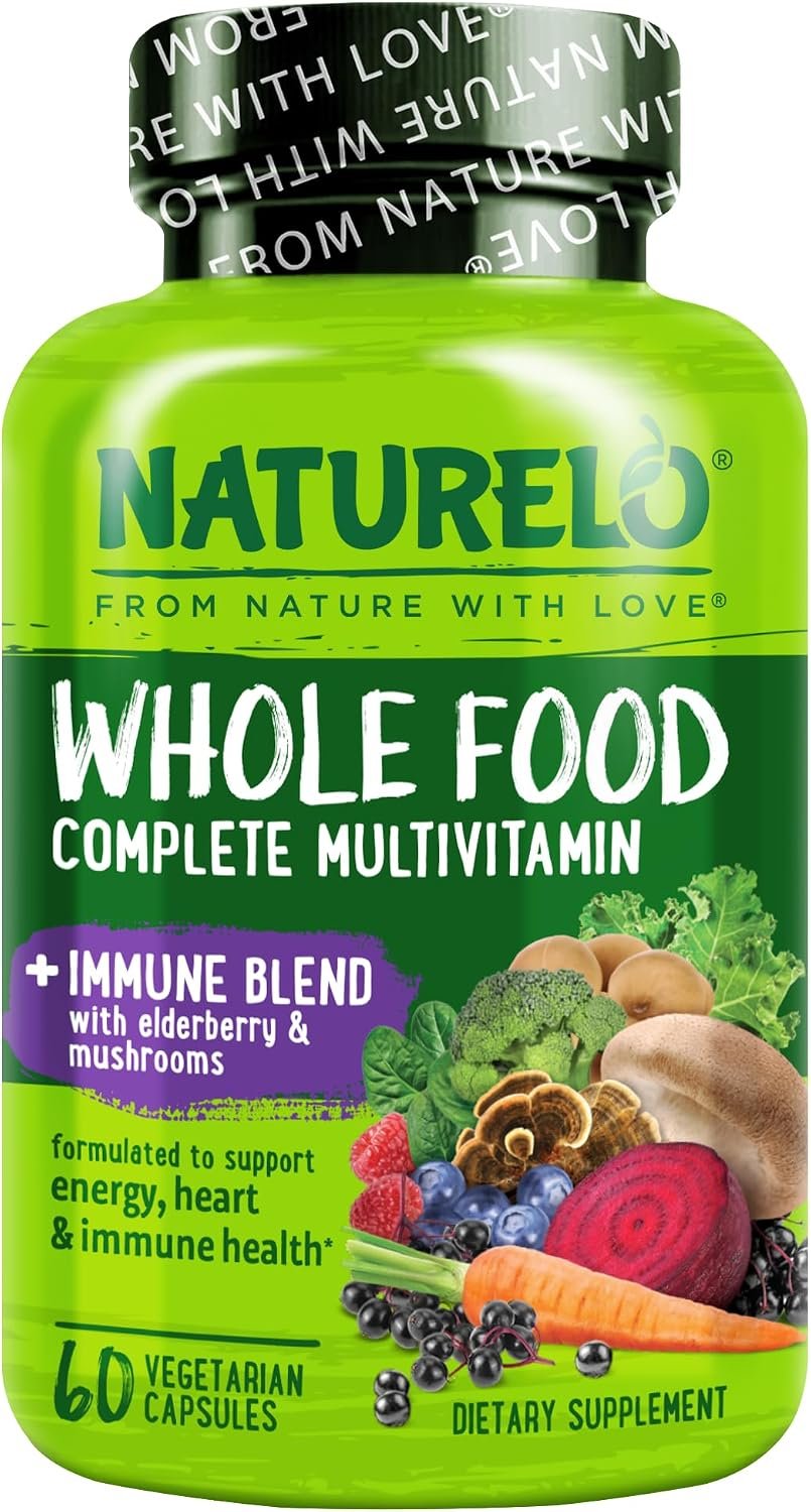 NATURELO Whole Food Multivitamin + Immune Blend with Elderberry & Mushrooms – Complete Multivitamin with Extra Immune Support – C, D3, Zinc, Elderberry, Reishi, Shitake – 60 Vegan Capsules