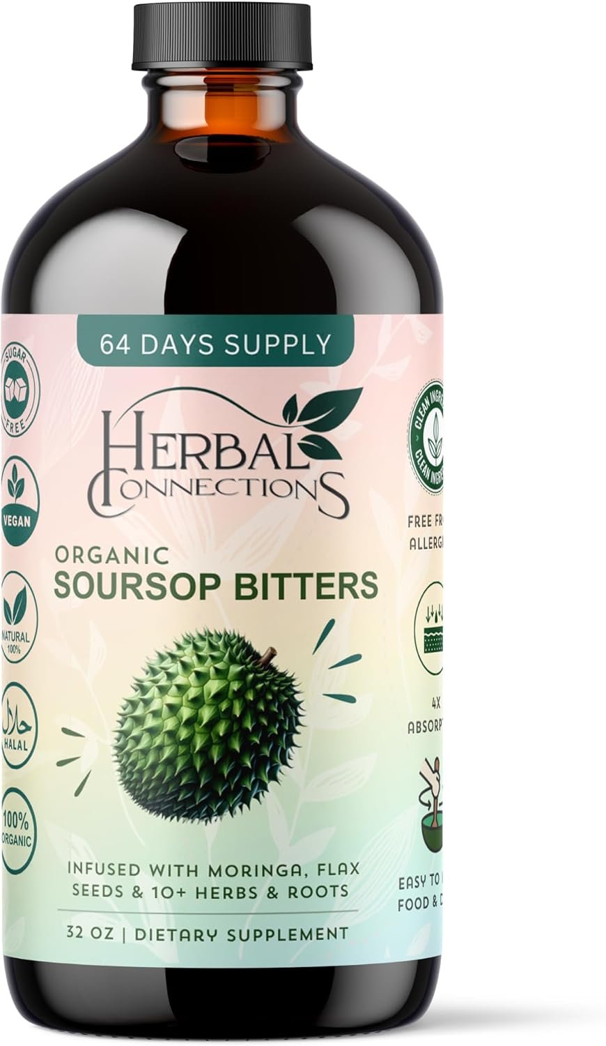 Soursop Bitters Liquid 32 Ounces – 64 Servings – 20 Herb Formula with Soursop, Moringa, Sea Moss, Turmeric, Ginger & Cayenne | Gut Health, Natural Cleanse & Daily Wellness | Vegan & Organic