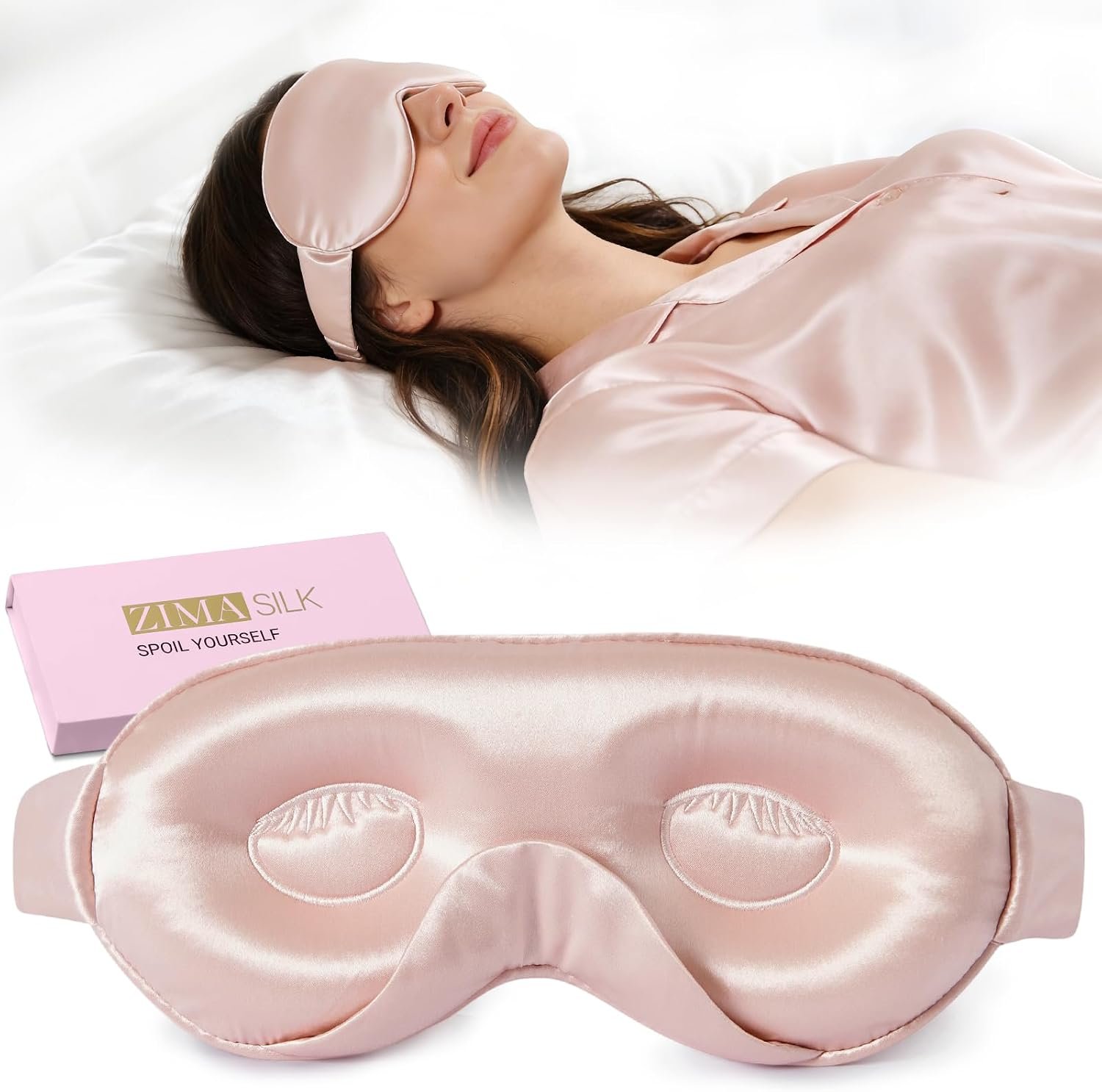 ZIMASILK 22 Momme Adjustable 100% Mulberry Silk Sleep Mask for Side Sleeper, Upgraded 3D Contoured Cup Eye Mask for Lash Extensions, Super Soft & Breathable, Perfect Blocks Light for Sleeping (Pink)