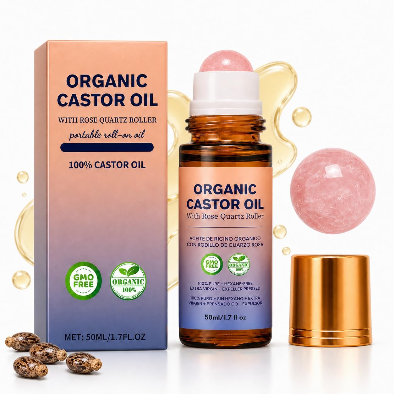 Organic Castor Oil Roll On with Rose Quartz Roller Ball, 100% Pure Cold Pressed & Hexane Free Castor Oil, Amber Glass Roller Bottle for Face, Skin, Eyelashes, Eyebrows & Body