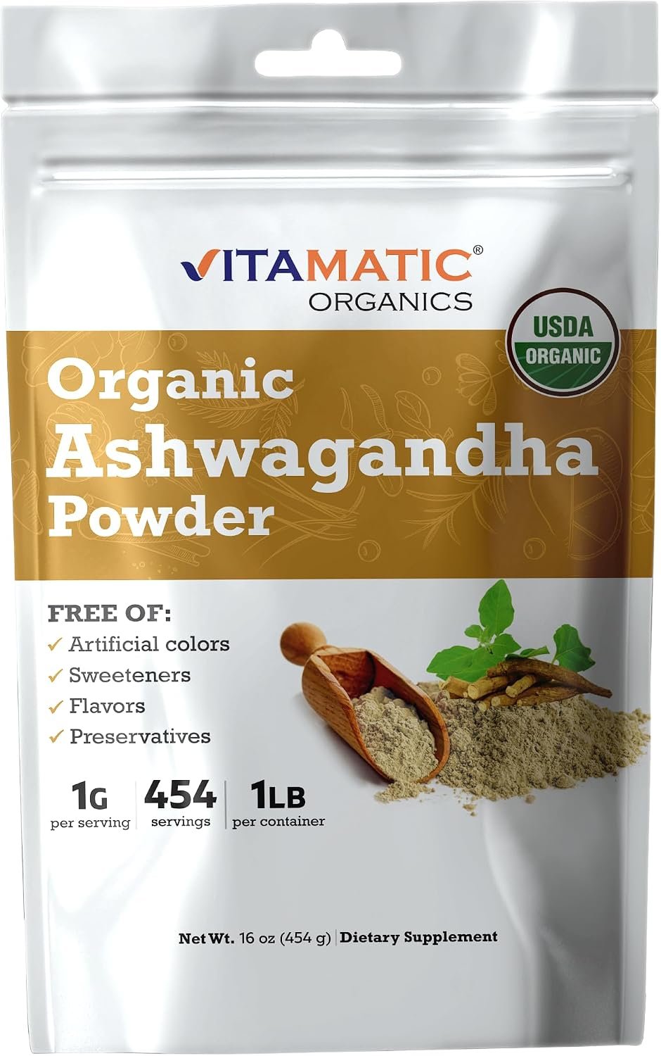 Vitamatic Certified USDA Organic Ashwagandha Powder – 1 lb (16 oz) Withania Somnifera | Ayurvedic Adaptogen for Stress Relief, Energy, Mood & Immune Support