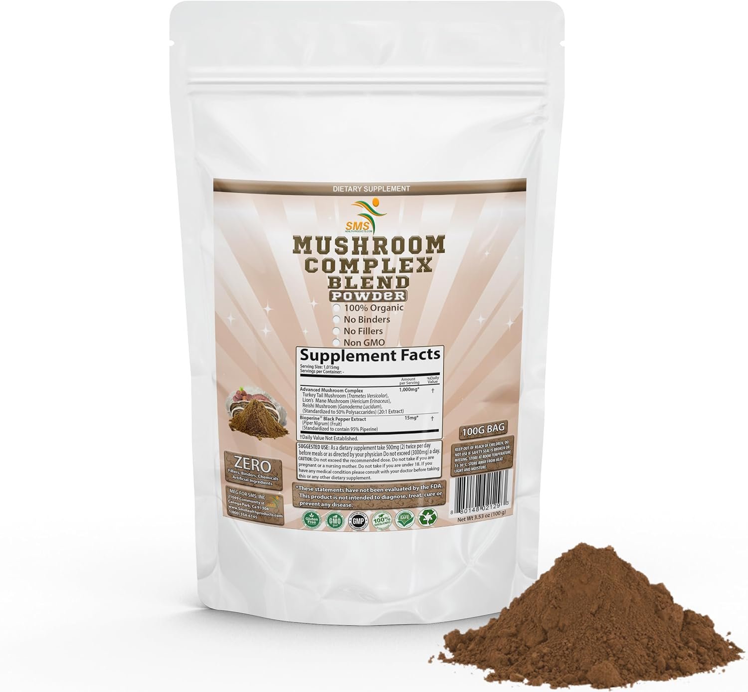 Mushroom Complex Blend Powder, No Fillers, 50% Polysaccharides, Lion’s Mane, Reishi Ganoderma & Turkey Tail Mushroom Extracts, Immune Support, 100g